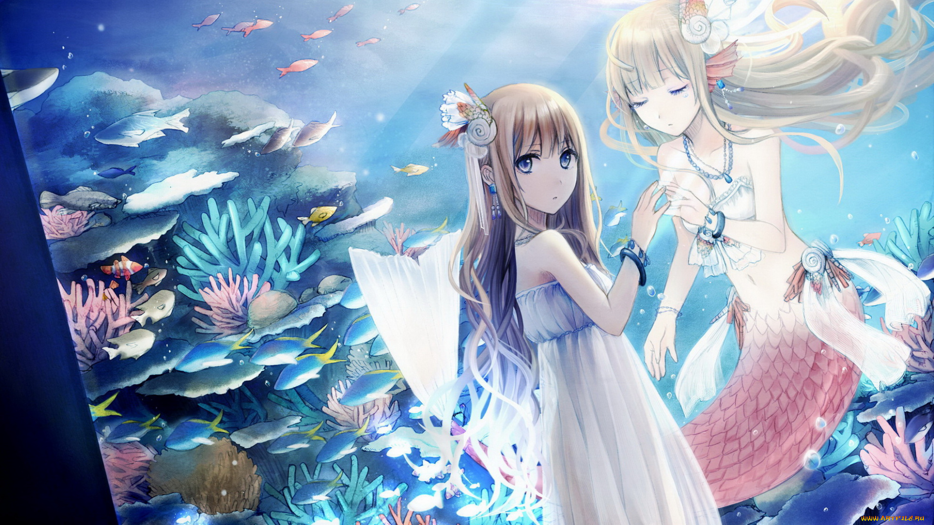аниме, животные, , существа, девочка, русалка, стекло, аквариум, рыбы