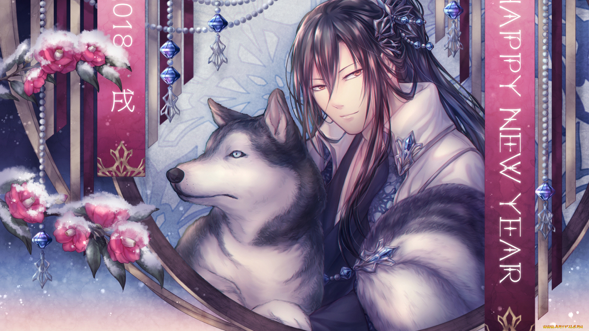 аниме, зима, , новый, год, , рождество, собака, парень