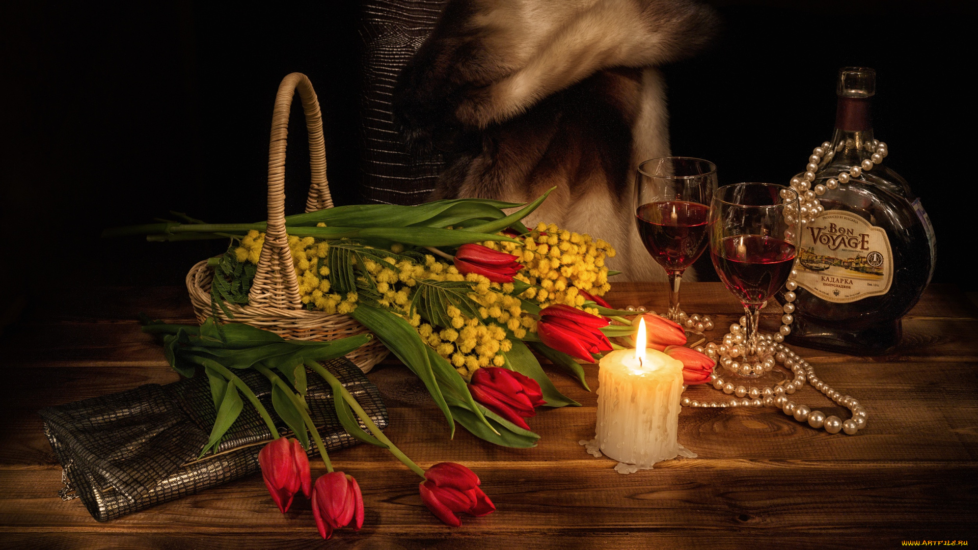 еда, натюрморт, бокалы, мимоза, тюльпаны, свеча, ожерелье, 8, марта