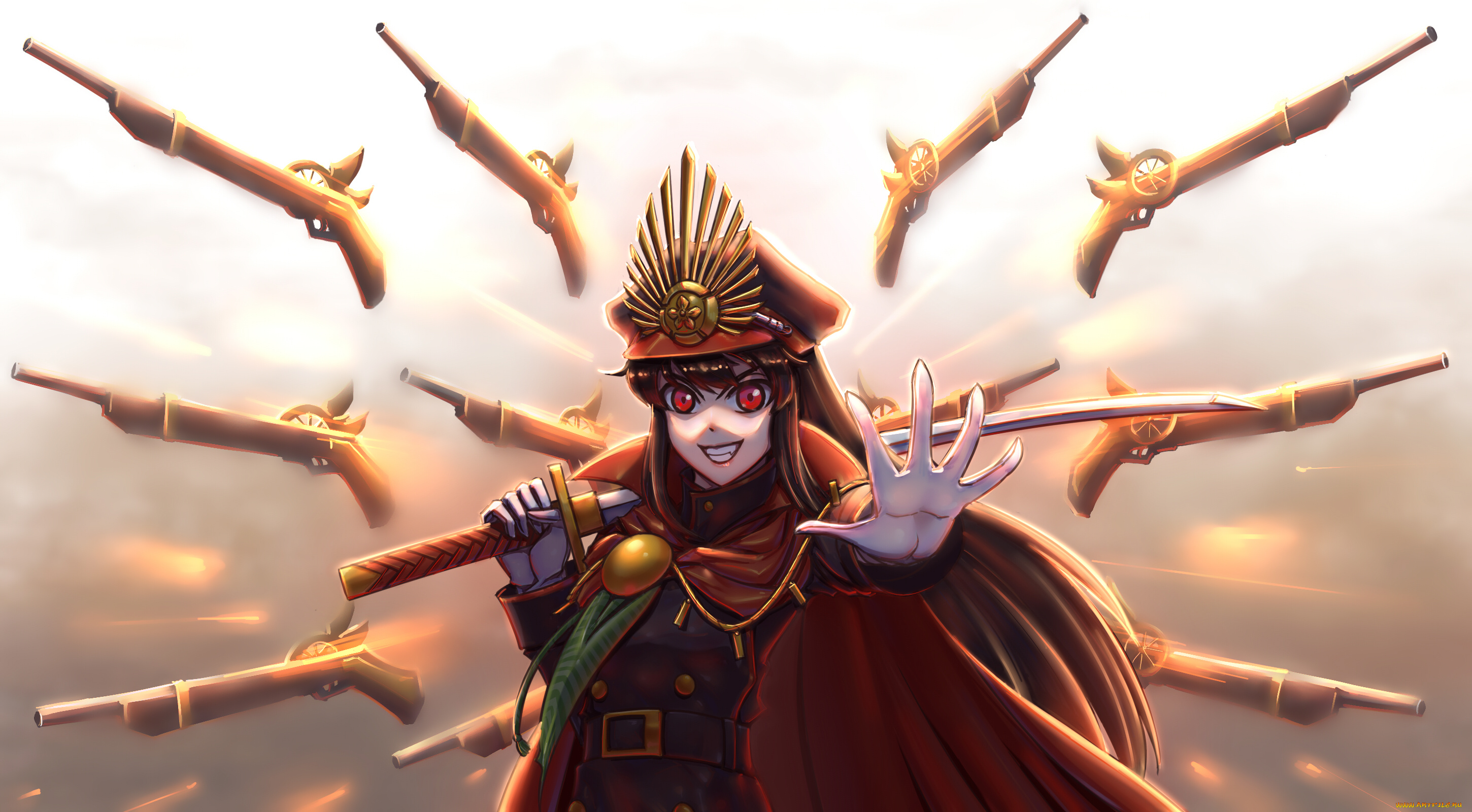 аниме, unknown, , другое, , пистолет, меч, униформа, взгляд, фон, девушка