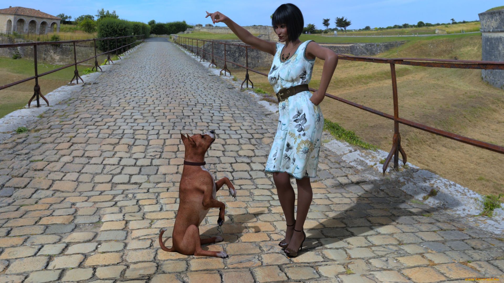 3д, графика, люди, и, животные, , people, and, animals, собака, фон, взгляд, девушка