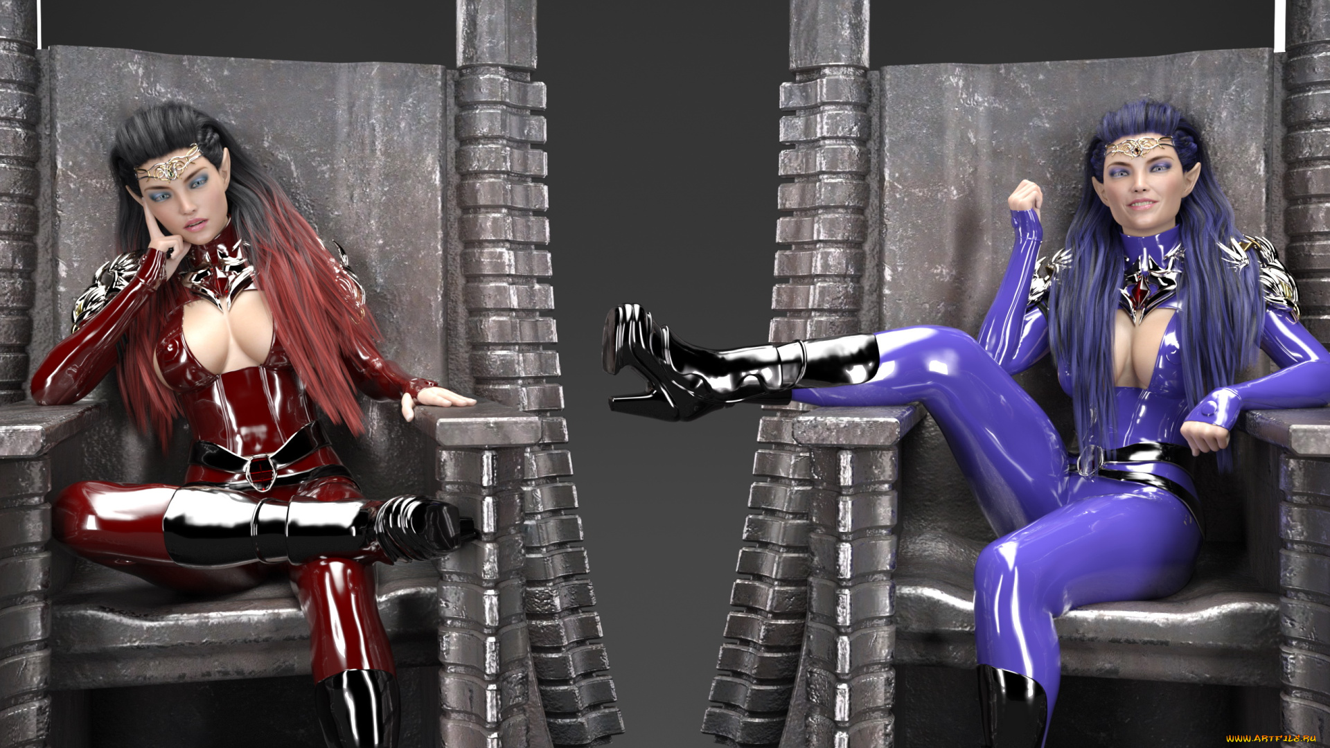 3д, графика, эльфы, , elves, девушки, фон, взгляд, униформа, латекс