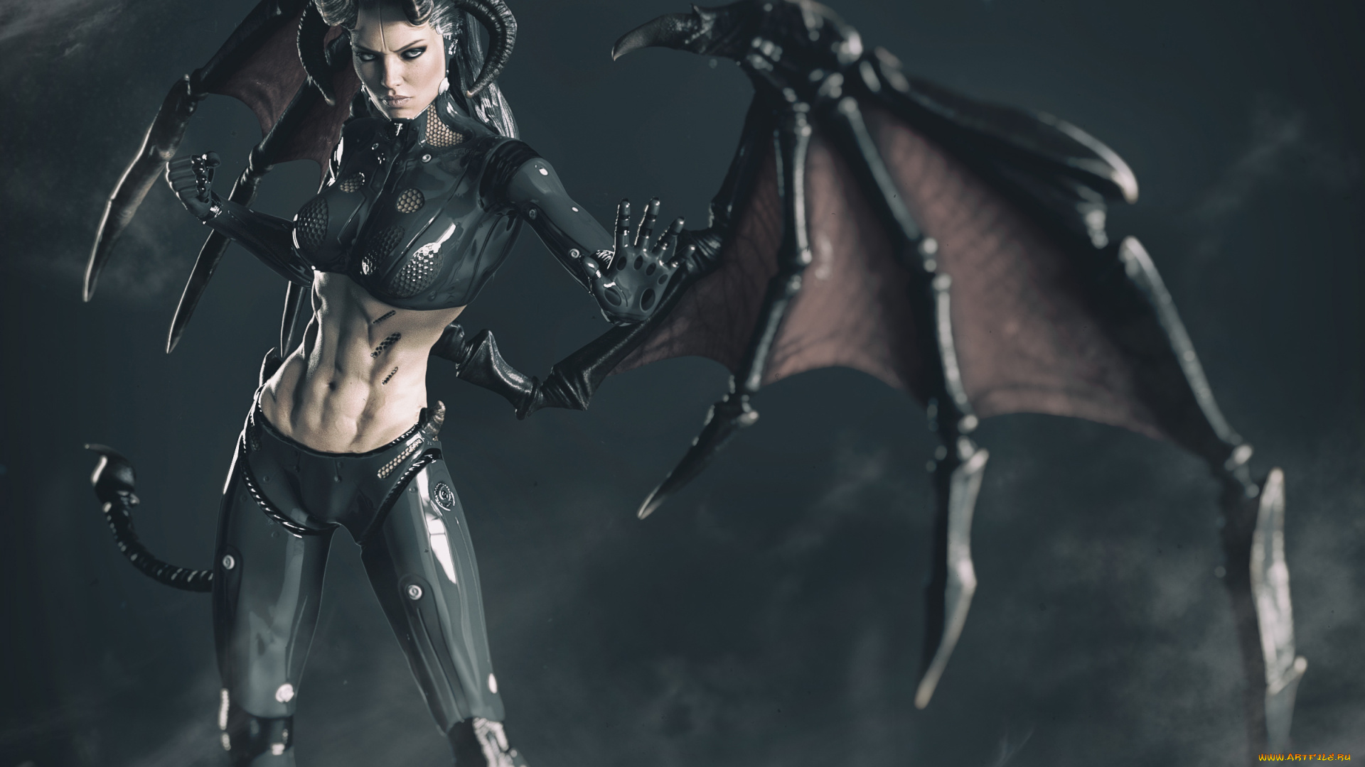 3д, графика, существа, , creatures, девушка, фон, взгляд, униформа, рога, крылья