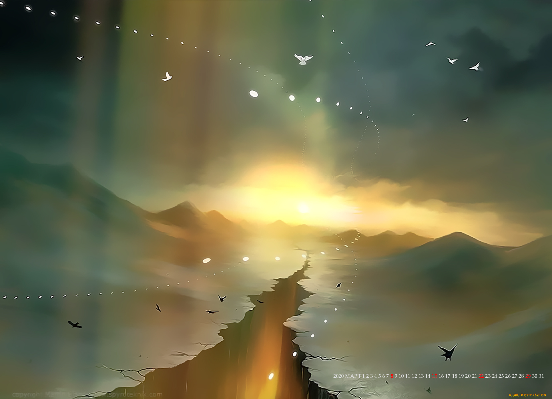 календари, фэнтези, расщелина, птица, планета, calendar, 2020