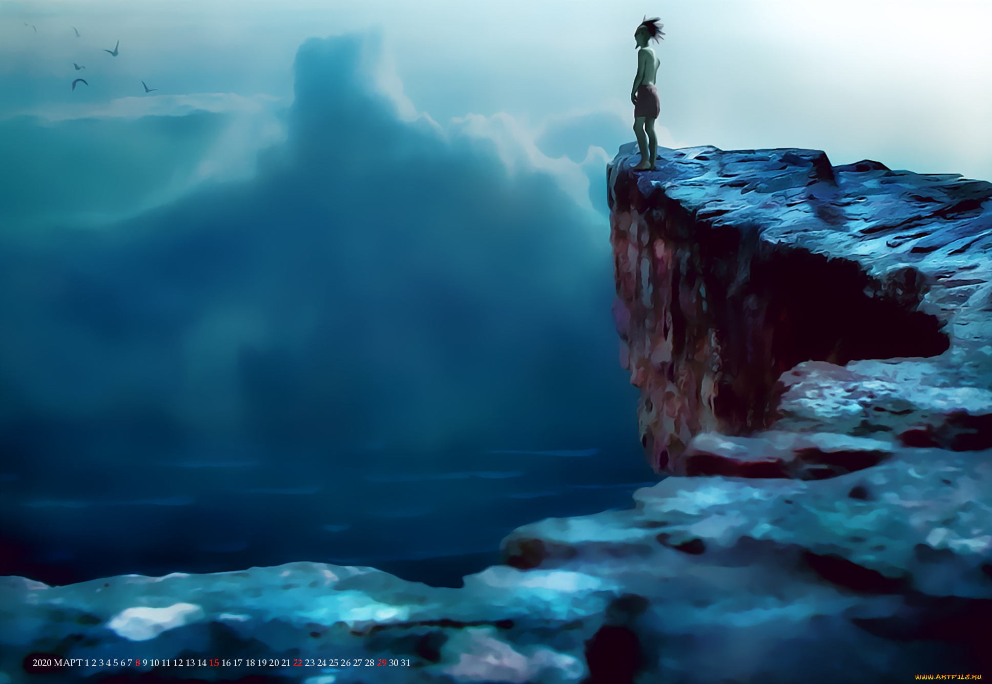 календари, фэнтези, человек, природа, утес, гора, calendar, 2020