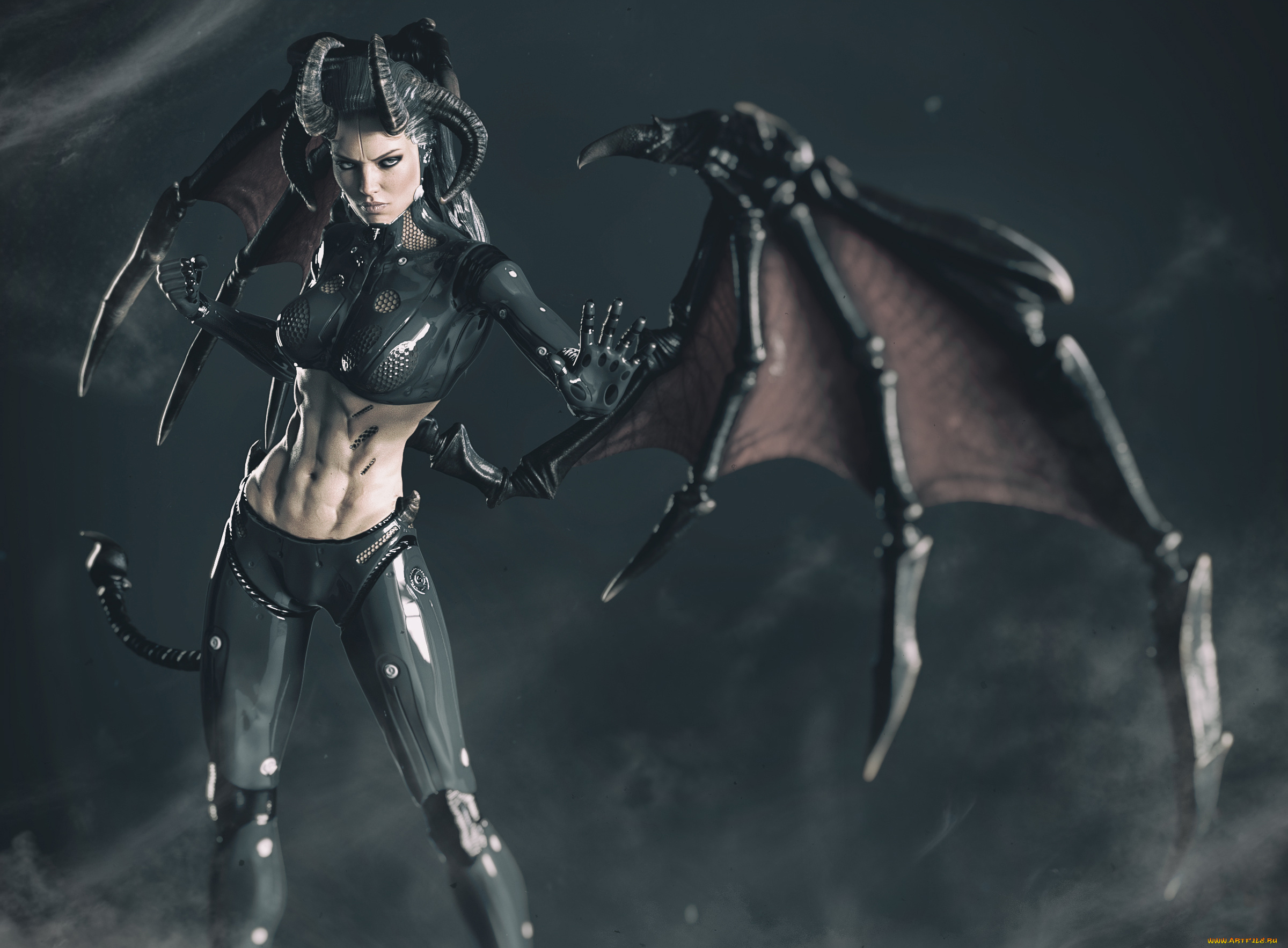 3д, графика, существа, , creatures, девушка, фон, взгляд, униформа, рога, крылья