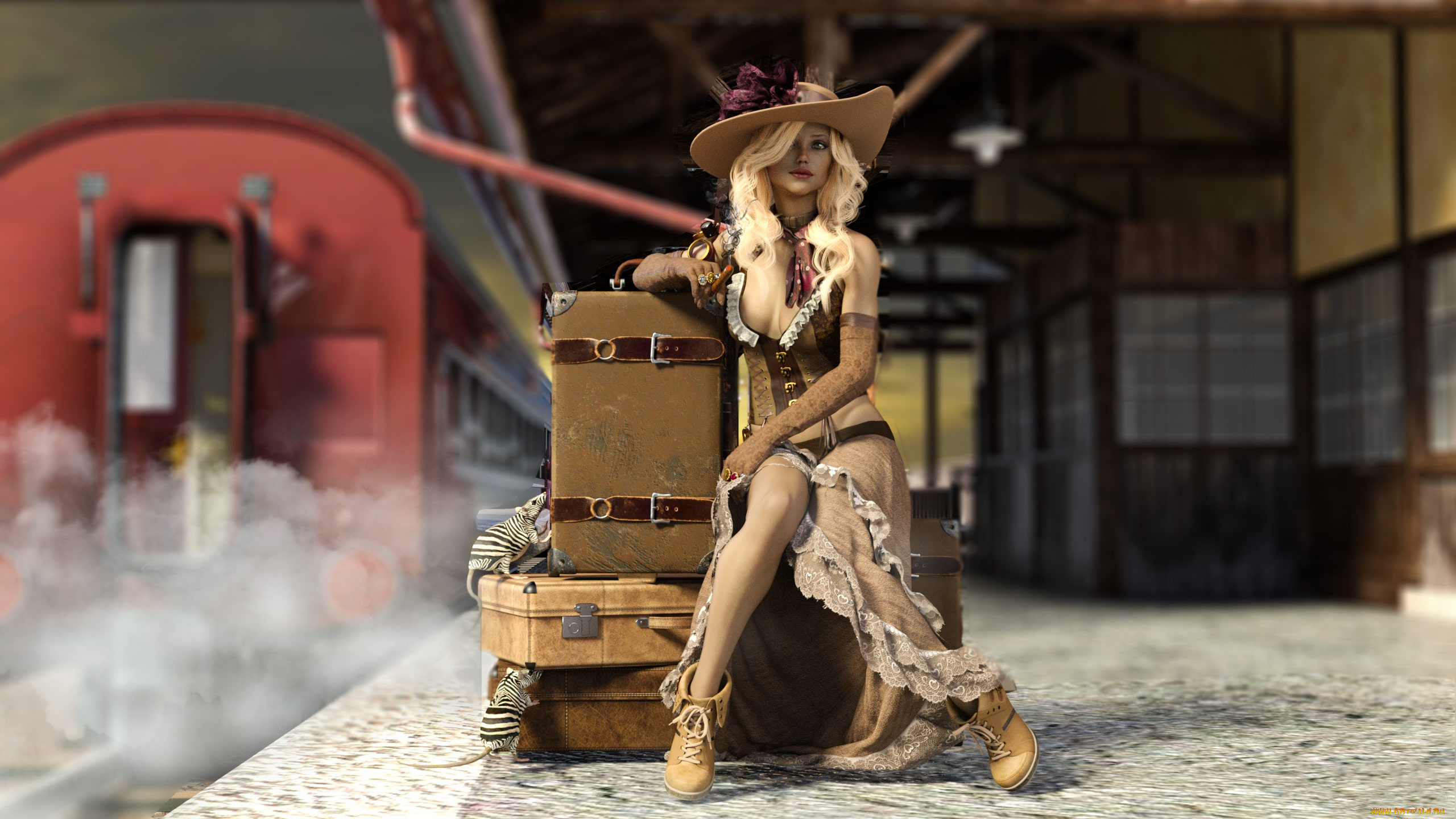 3д, графика, люди, , people, девушка, фон, взгляд, вокзал, чемодан