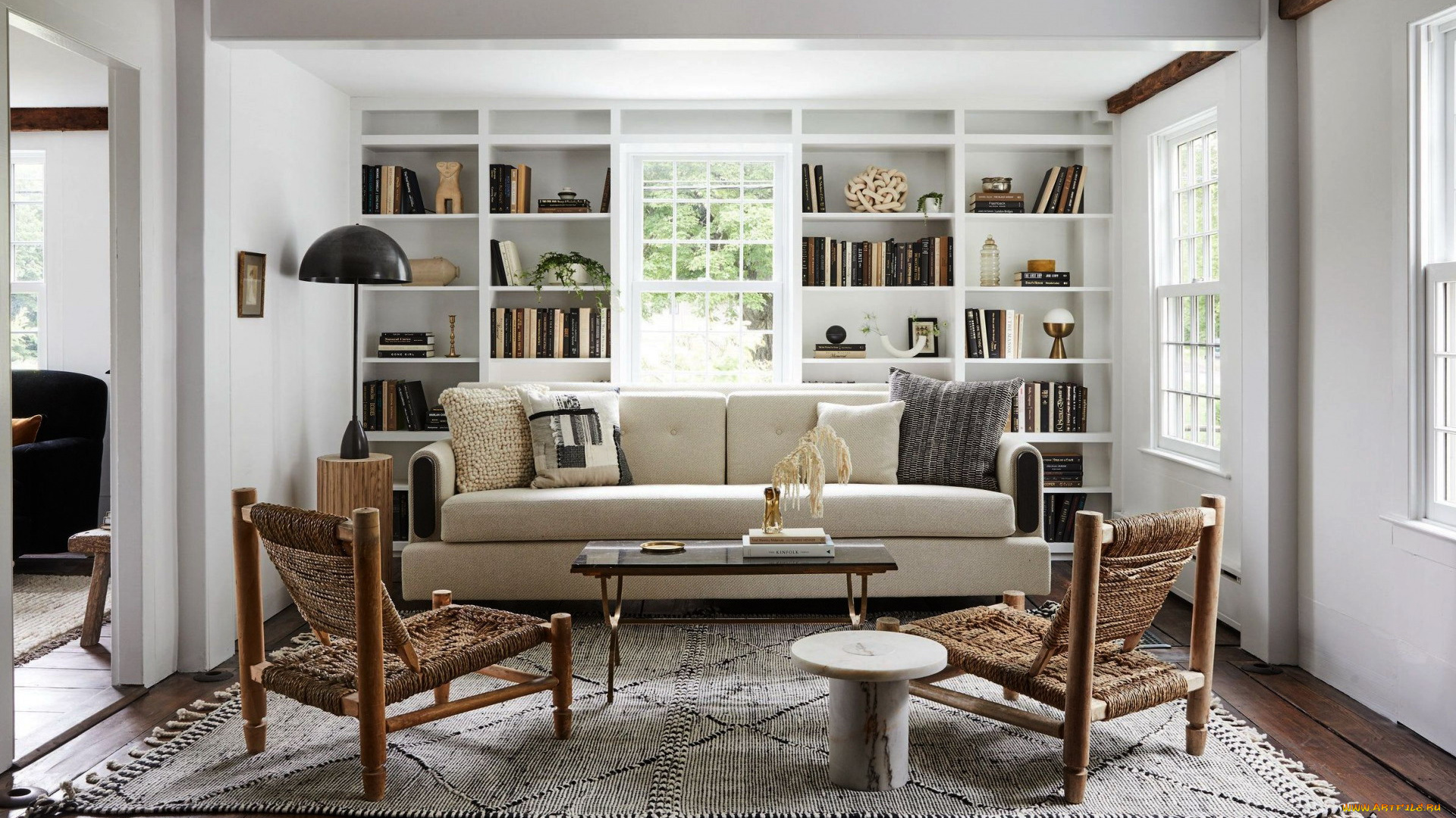 интерьер, гостиная, мягкий, уголок, книжный, шкаф