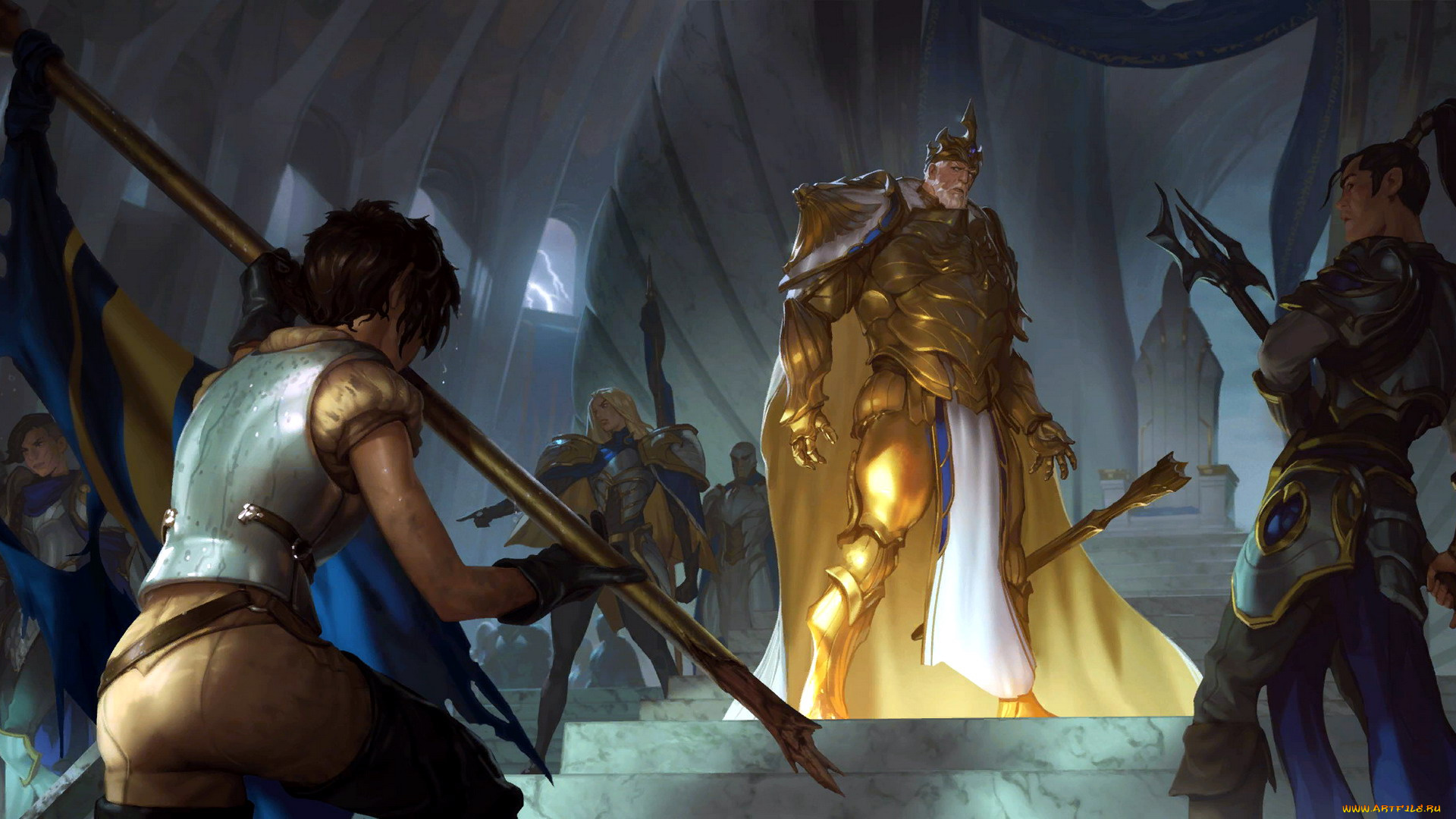 видео, игры, league, of, legends, , legends, of, runeterra, король, воины, девушка, флаг