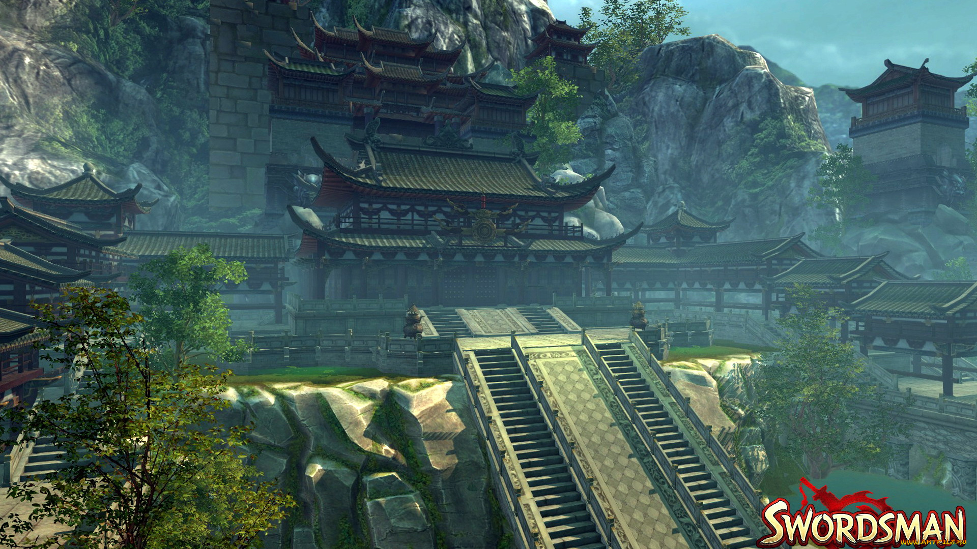 видео, игры, swordsman, скалы, деревья, город