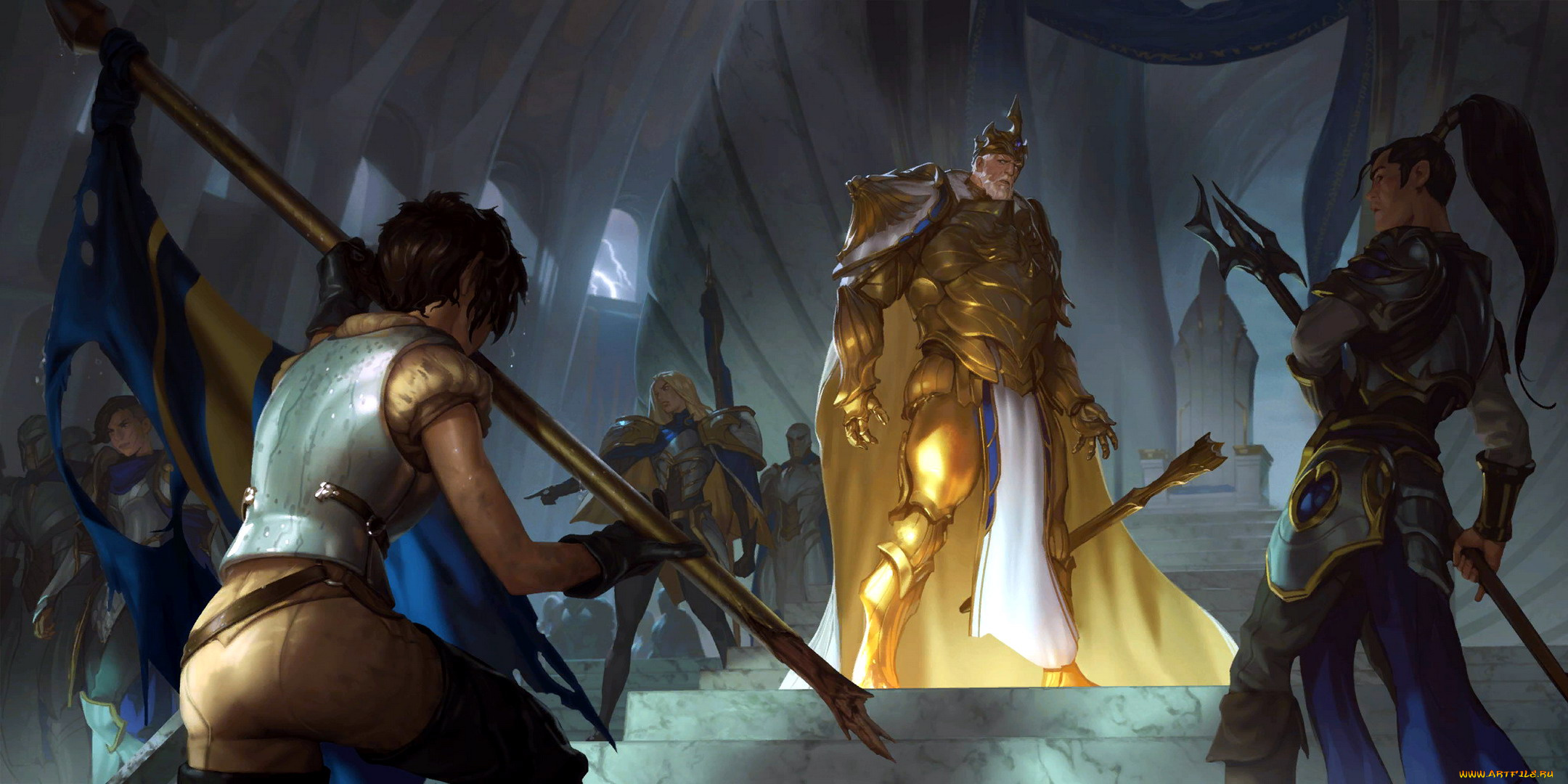 видео, игры, league, of, legends, , legends, of, runeterra, король, воины, девушка, флаг