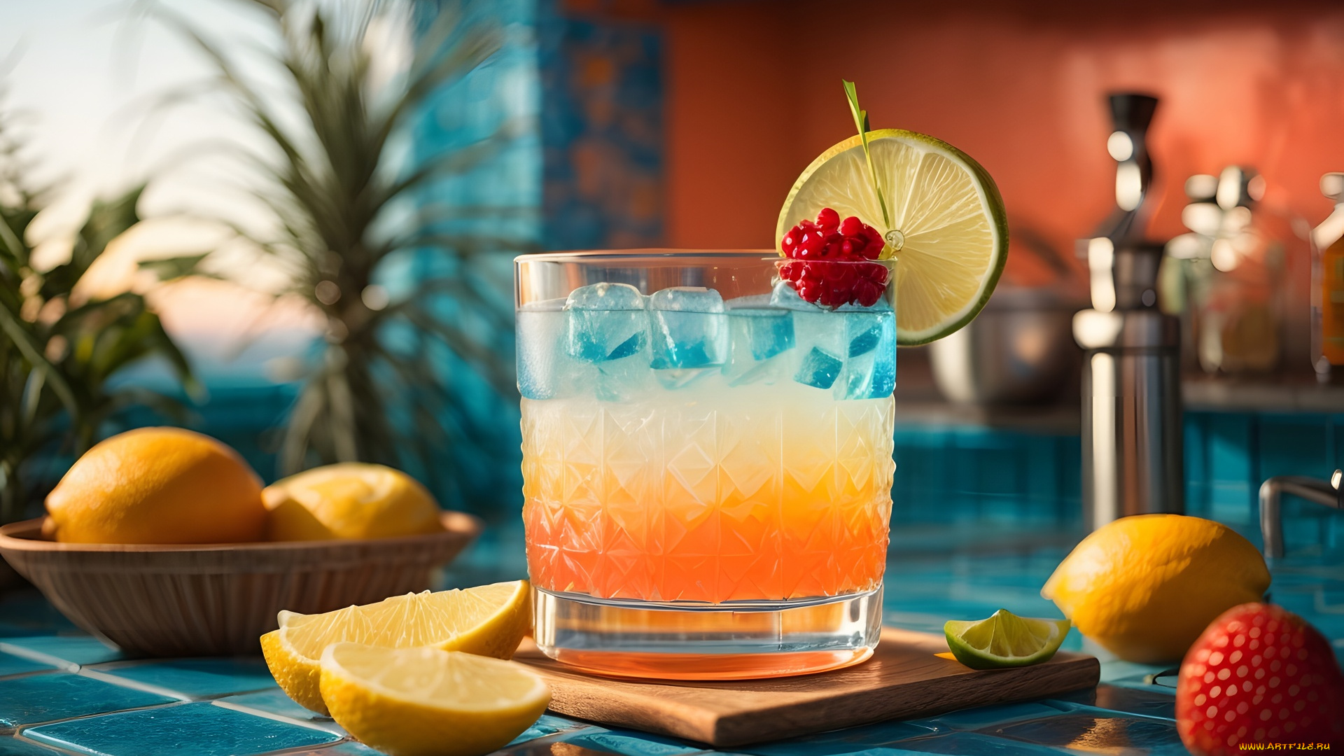 3д, графика, еда-, food, лимон, коктейль, лед