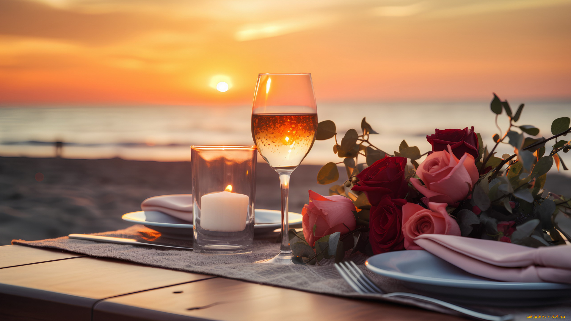 3д, графика, реализм, , realism, закат, розы, свеча, бокал