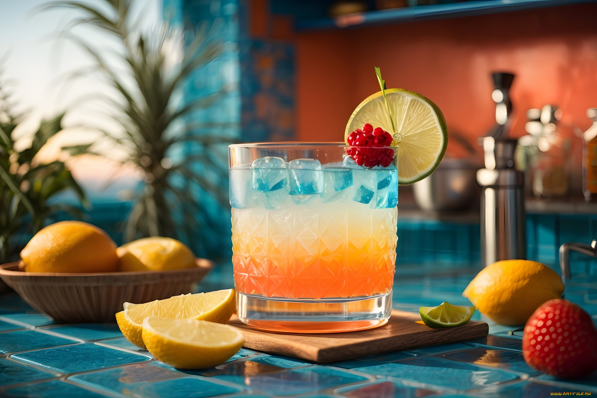 3д, графика, еда-, food, лимон, коктейль, лед