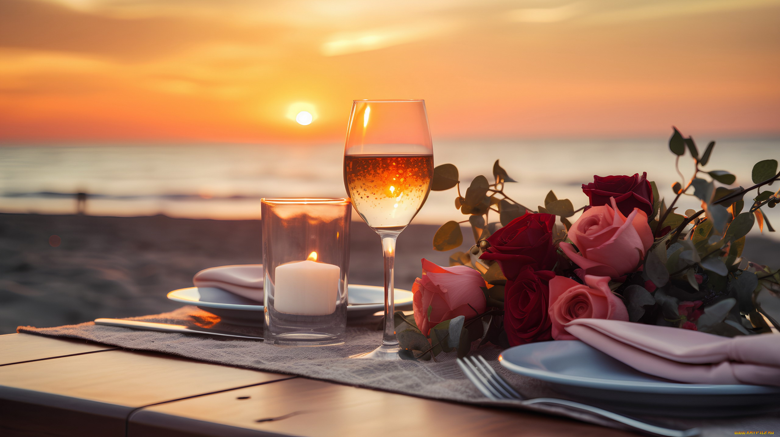 3д, графика, реализм, , realism, закат, розы, свеча, бокал