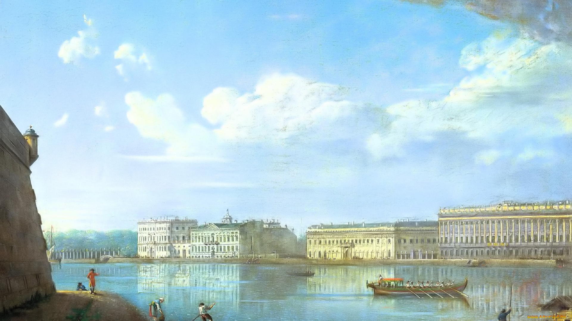 рисованное, фёдор, алексеев, город, река, облака, люди, лодки