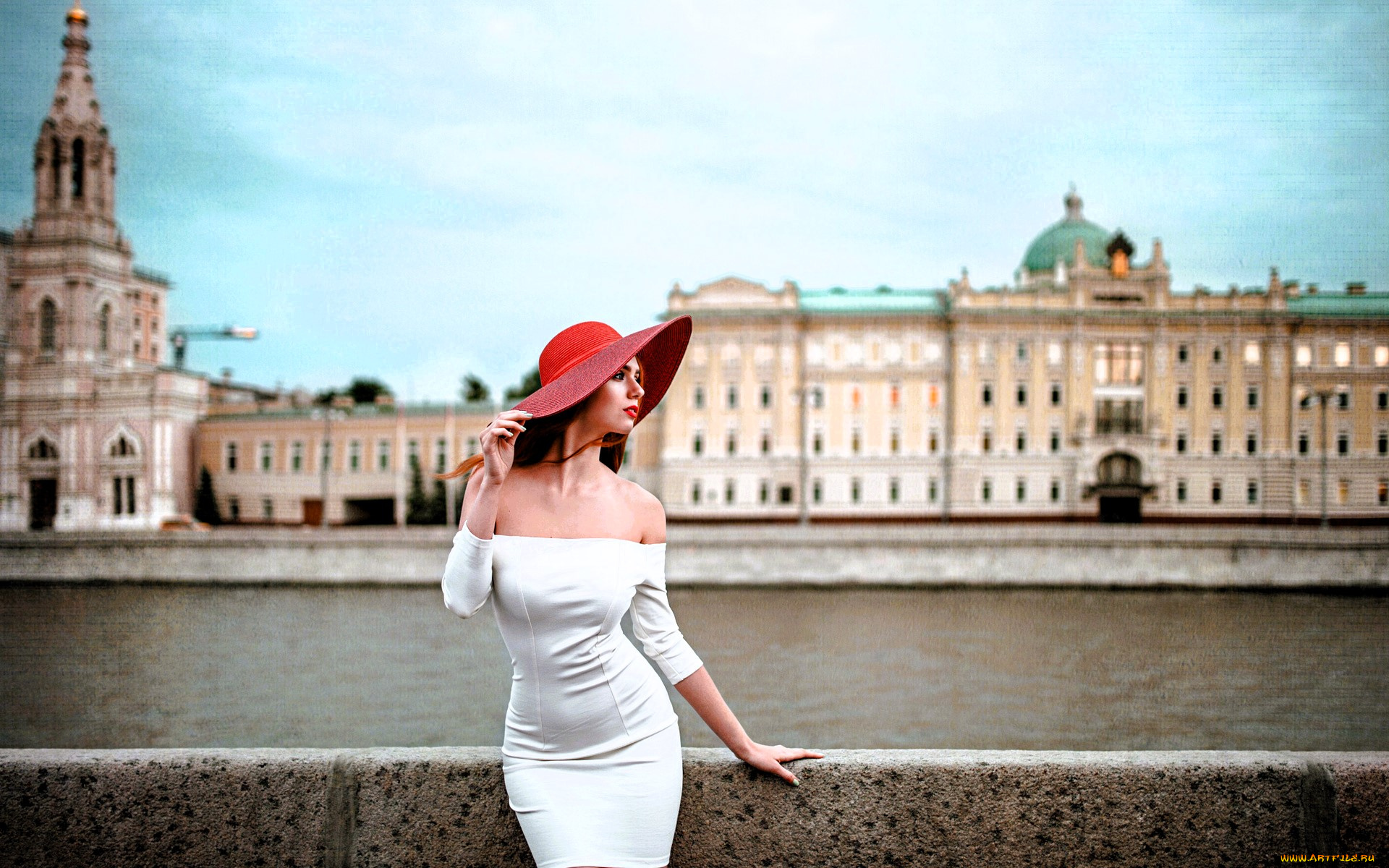 девушки, -, брюнетки, , шатенки, шляпа, платье, дома, здания, река