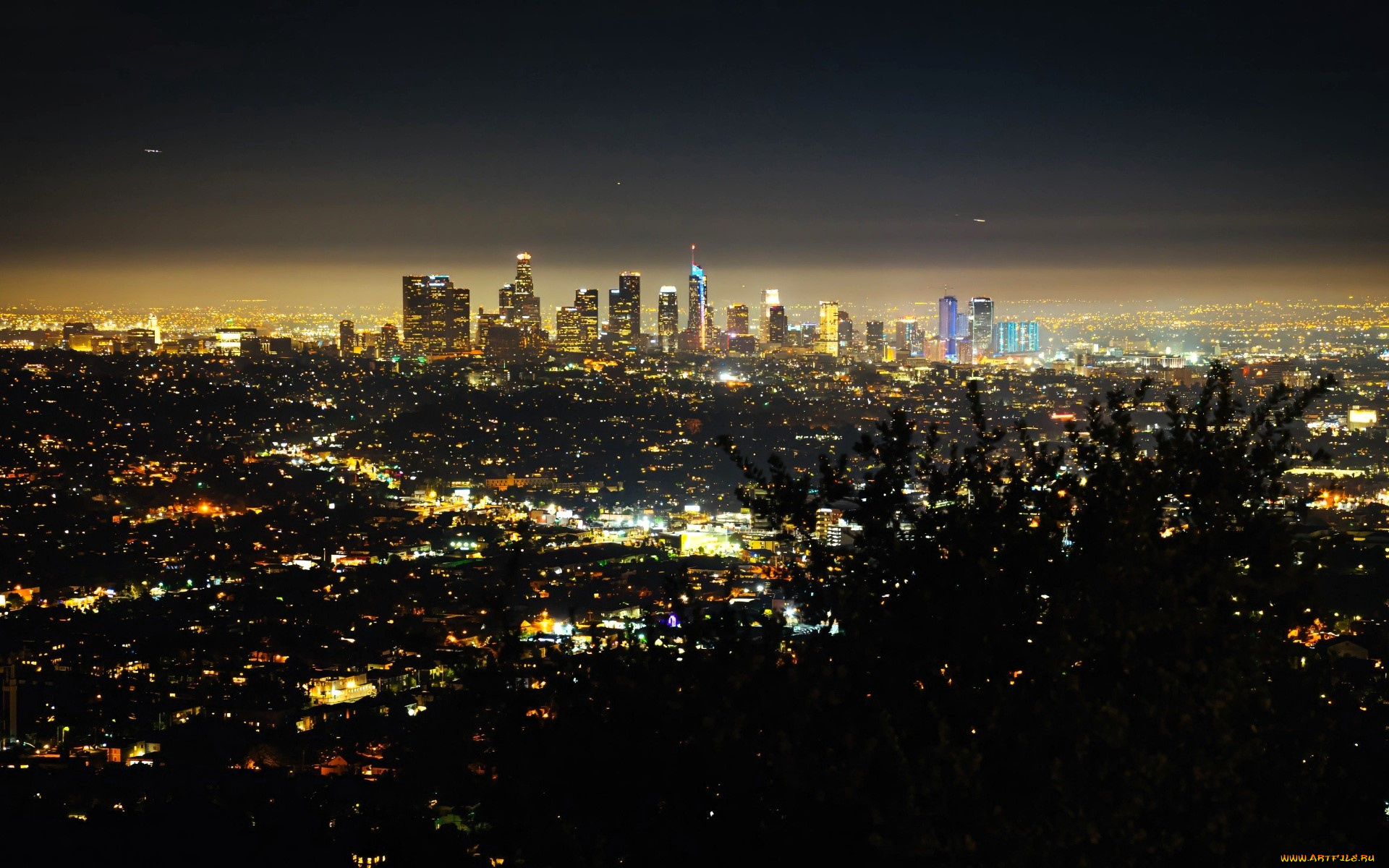 города, лос-анджелес, , сша, панорама, огни, ночь