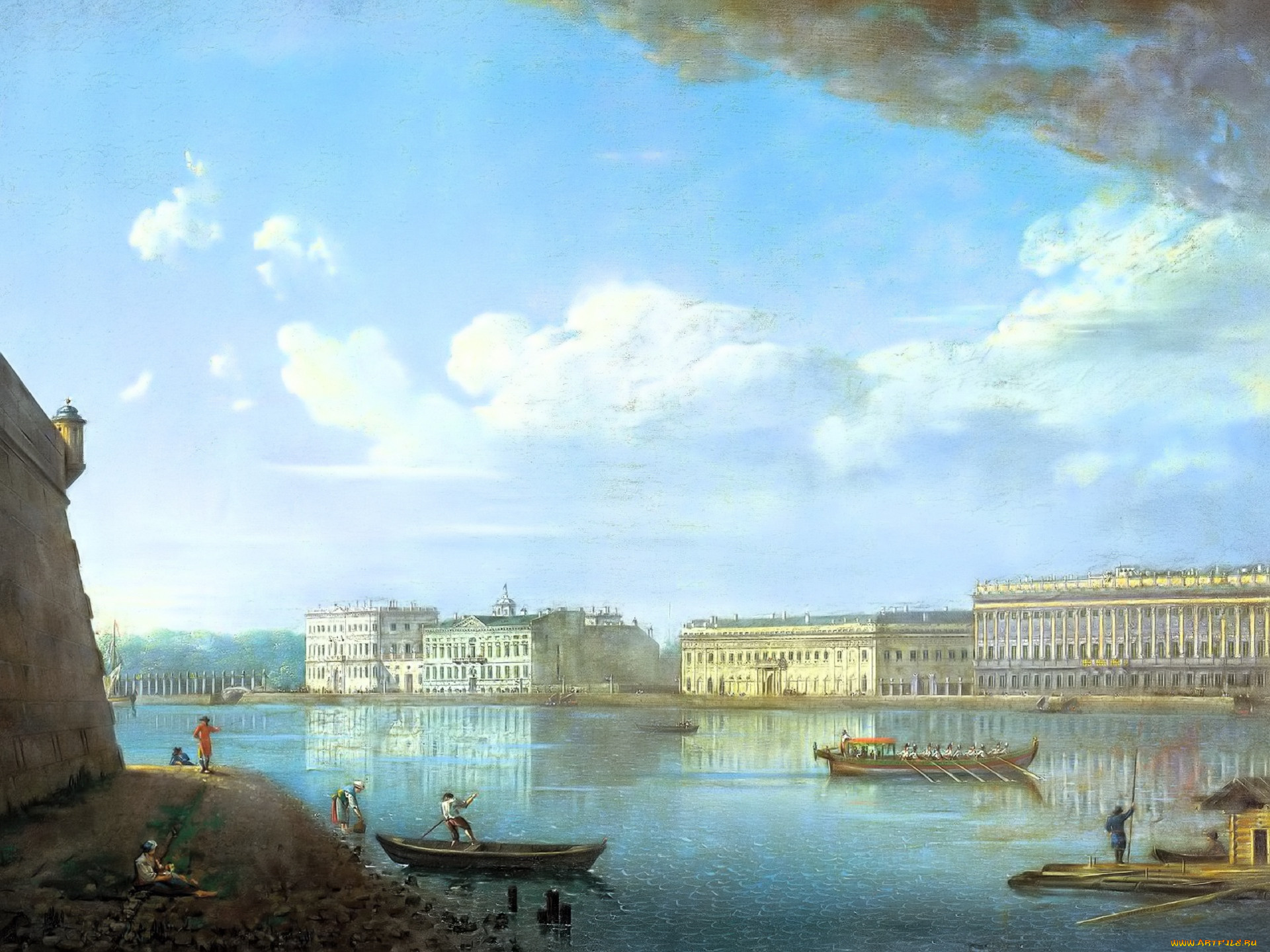 рисованное, фёдор, алексеев, город, река, облака, люди, лодки