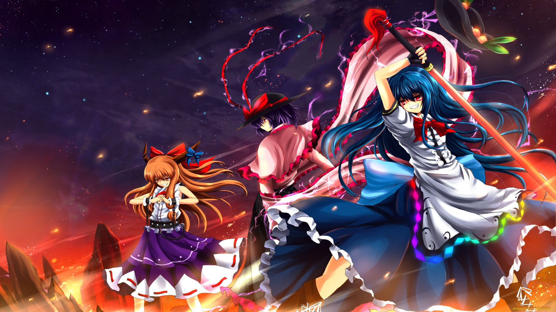 аниме, touhou, nagae, iku, hinanawi, tenshi, ibuki, suika