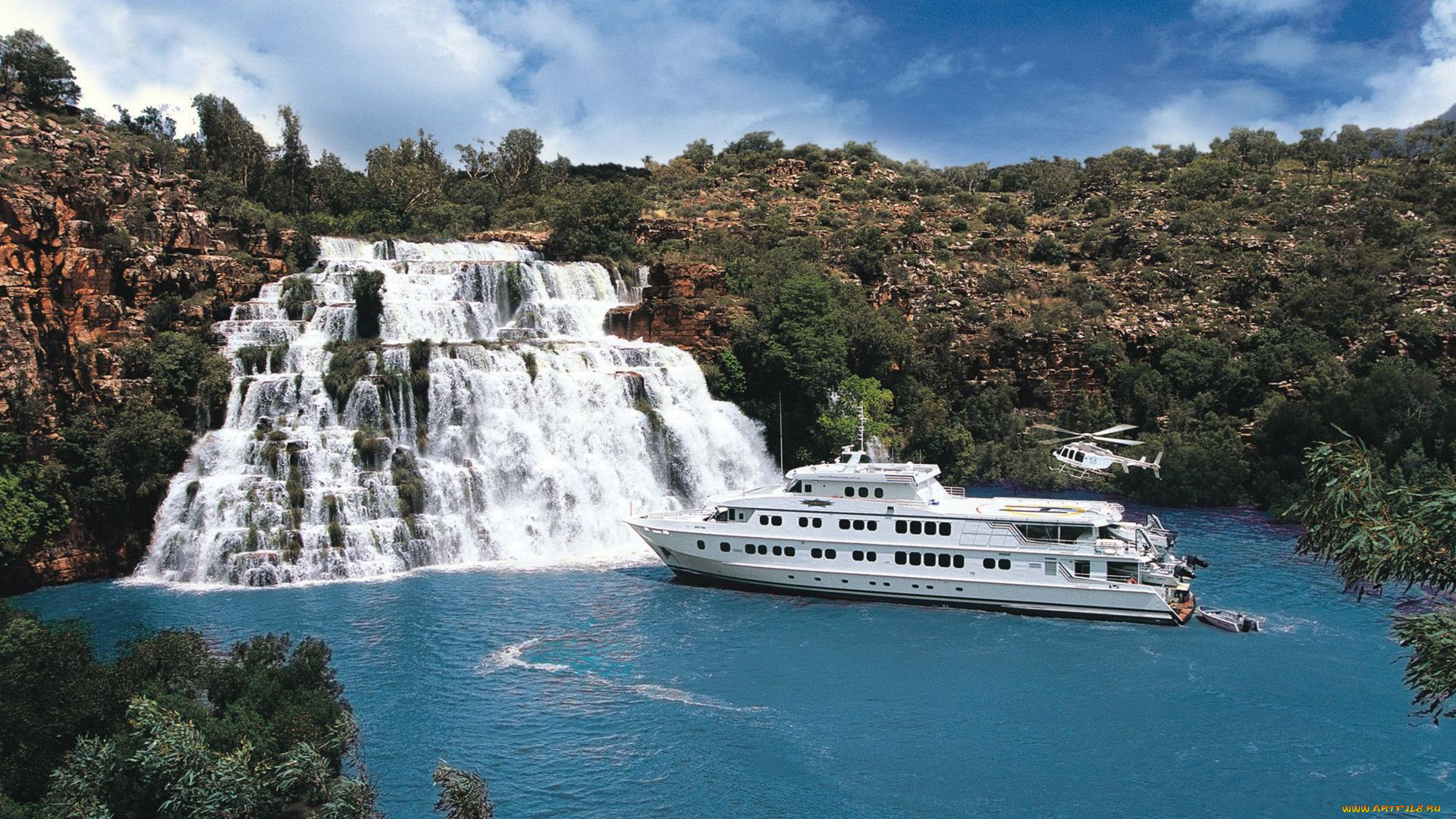 корабли, другое, водопад, вертолёт