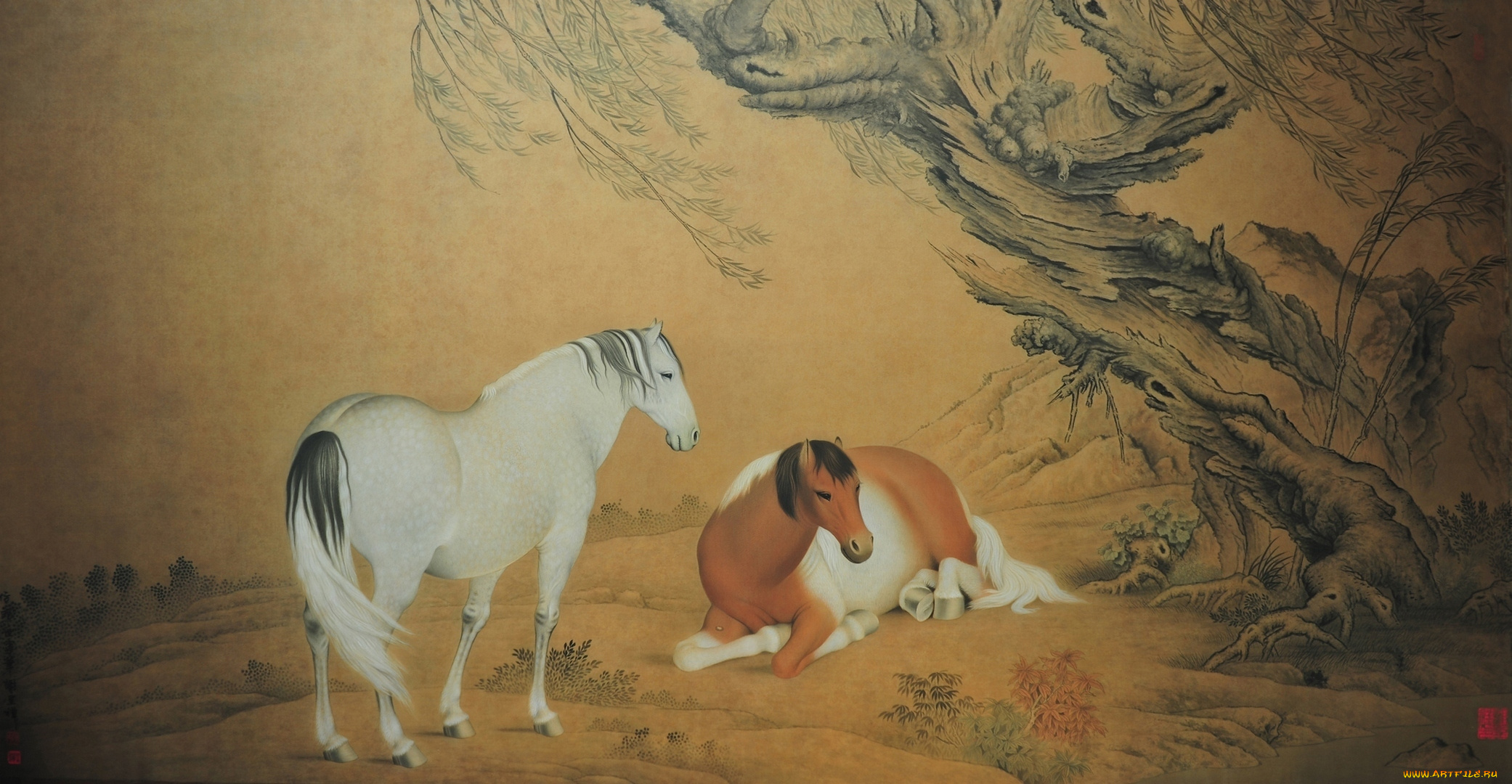 602281, рисованные, животные, лошади, дерево, природа, пара, китайская, живопись