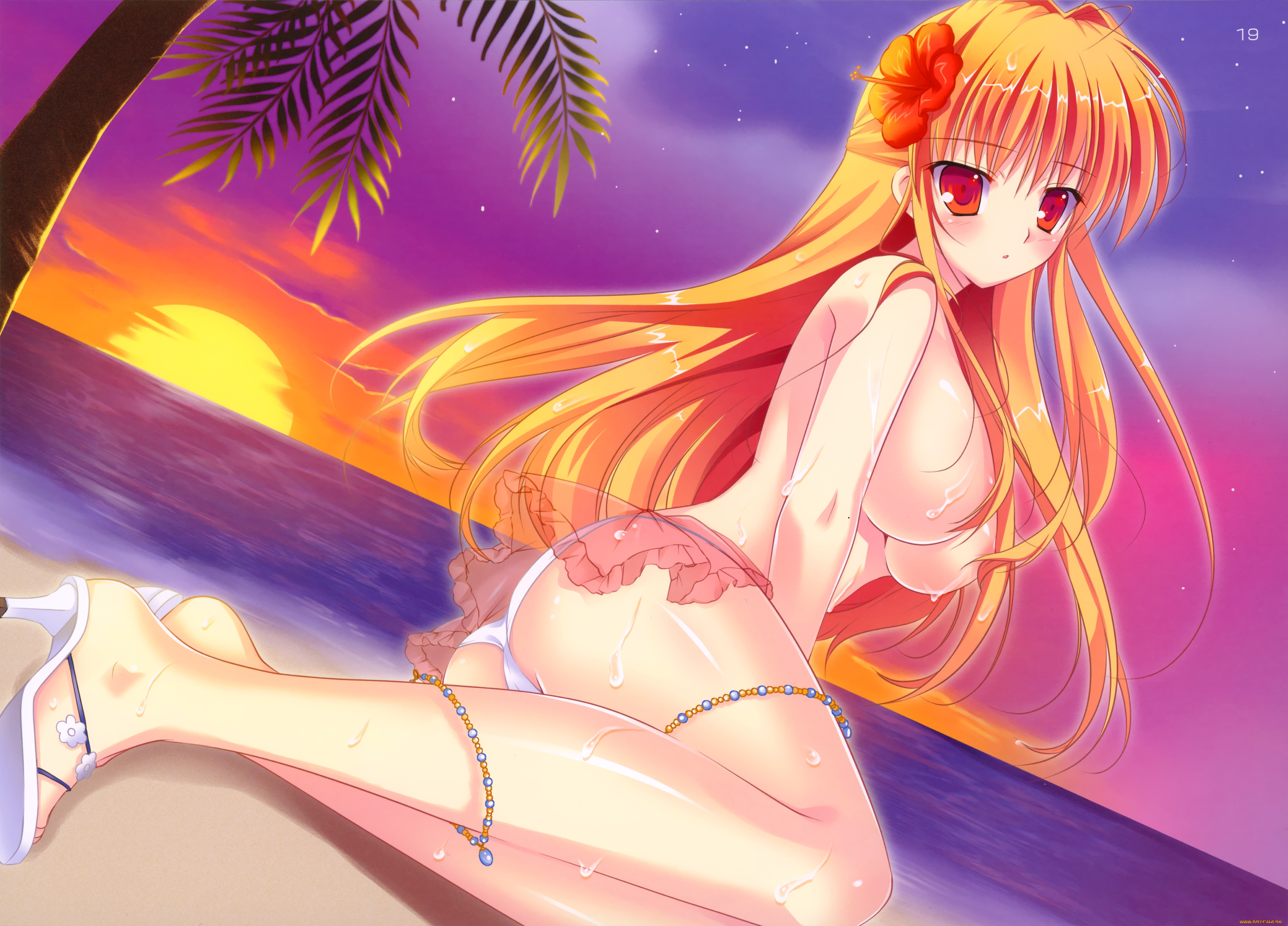 аниме, *unknown, другое, закат, пляж, девушка