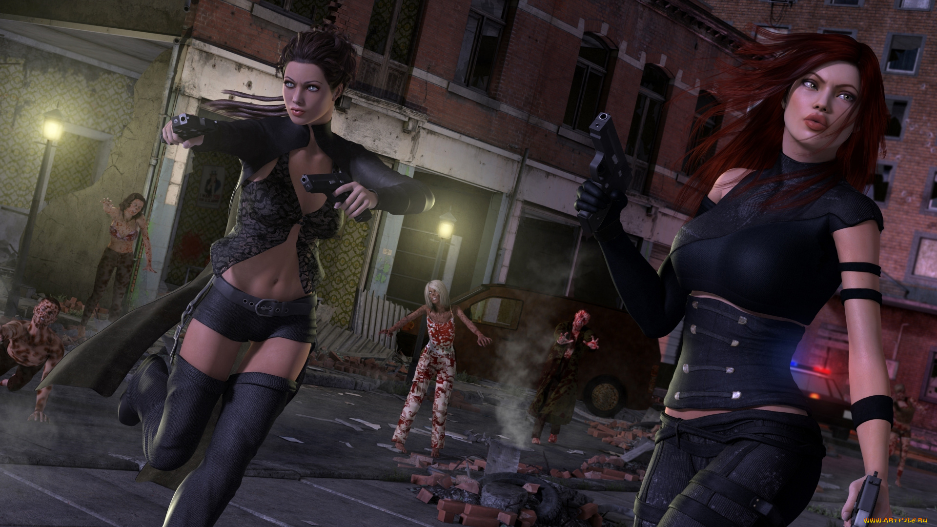 3д, графика, fantasy, фантазия, окна, машины, пистолеты, девушки, оружие, выживание, дома, фонарь, кровь, лица, взгляд, зомби