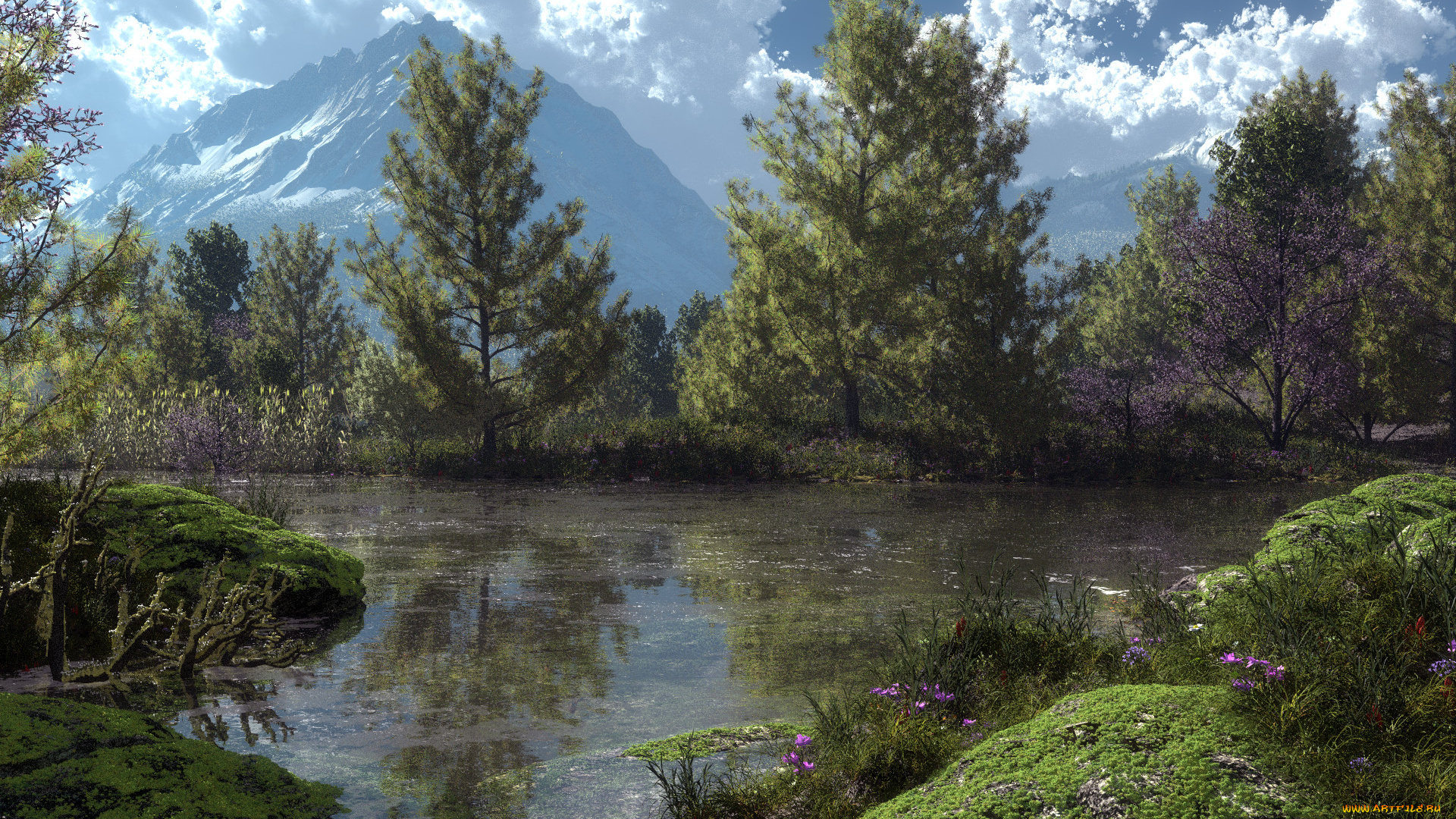 3д, графика, nature, landscape, природа, деревья, горы, река, облака