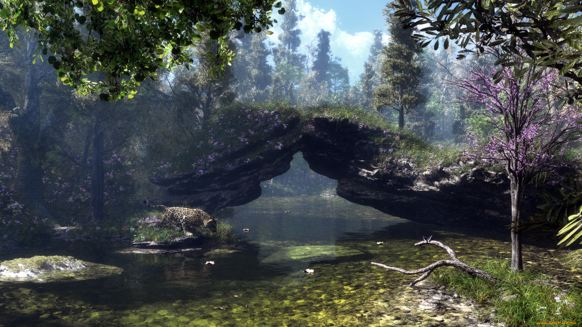 3д, графика, nature, landscape, природа, скала, деревья, леопард, река