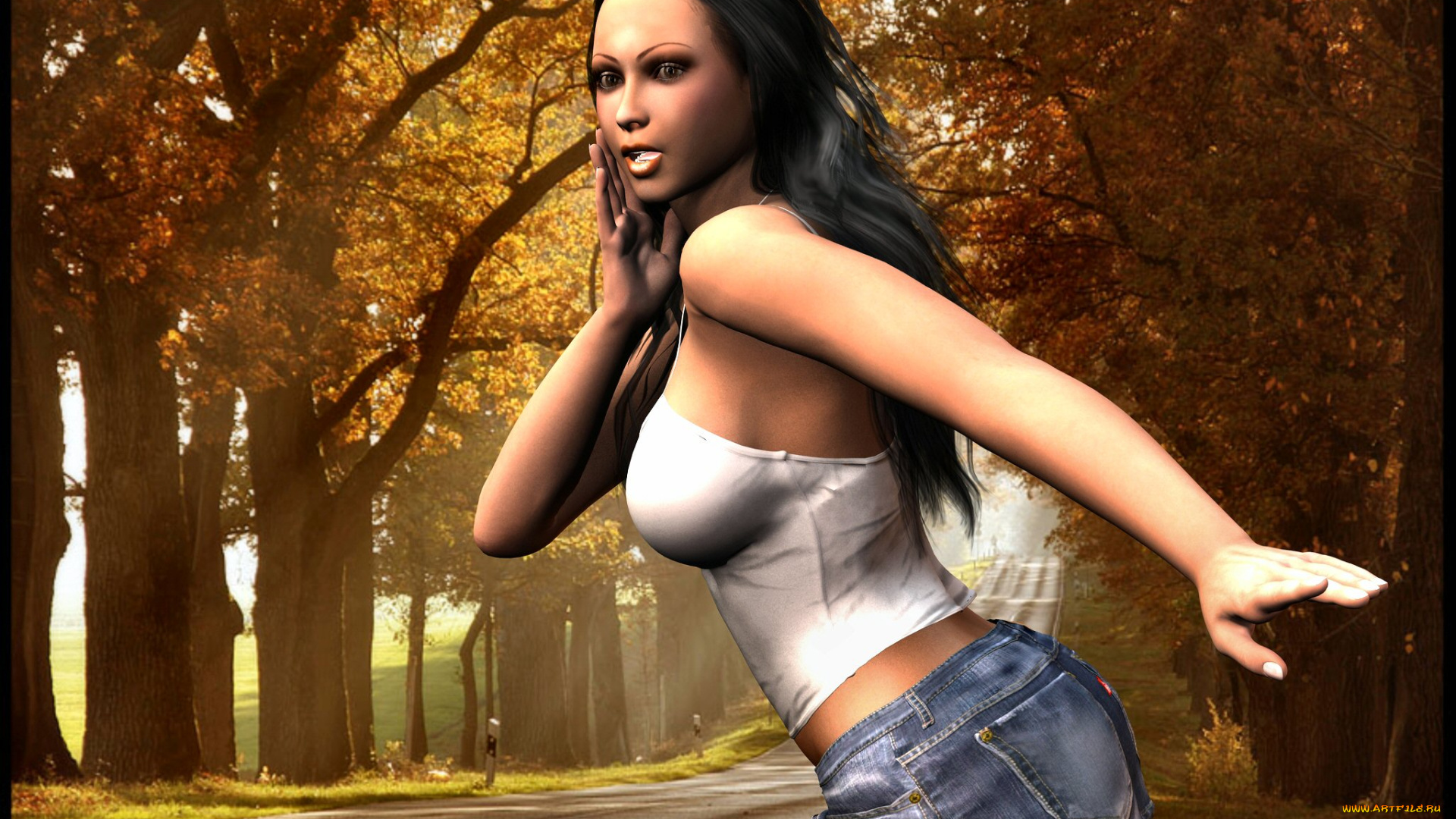 3д, графика, people, люди, девушка, дорога, лес