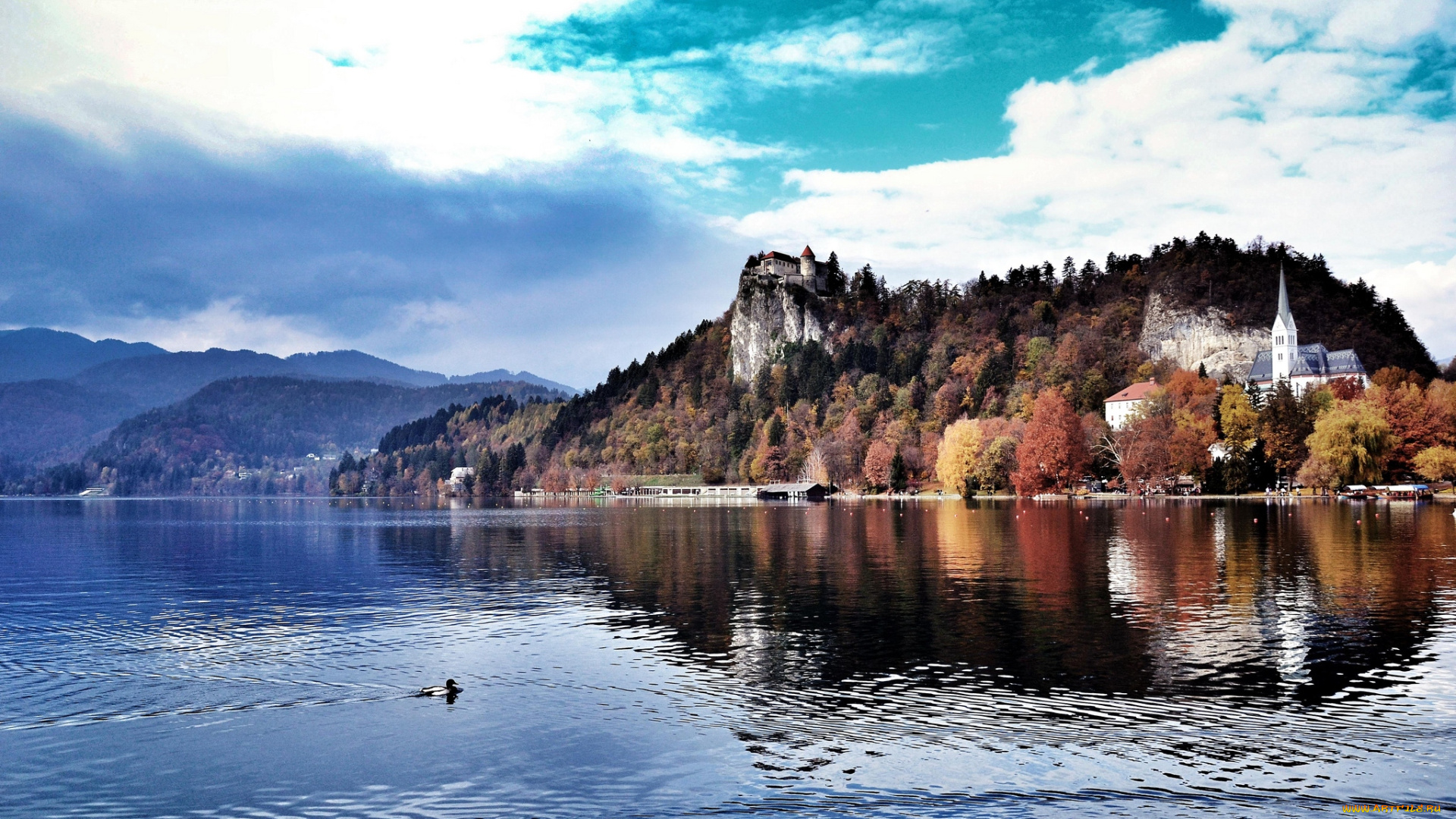 города, блед, словения, пейзаж, озеро, костел, монастырь