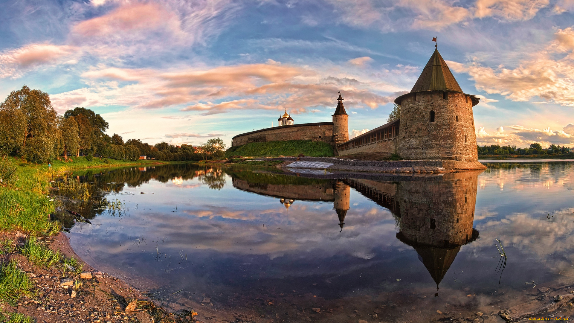 города, дворцы, замки, крепости, панорама, отражение, псков, псковская, крепость