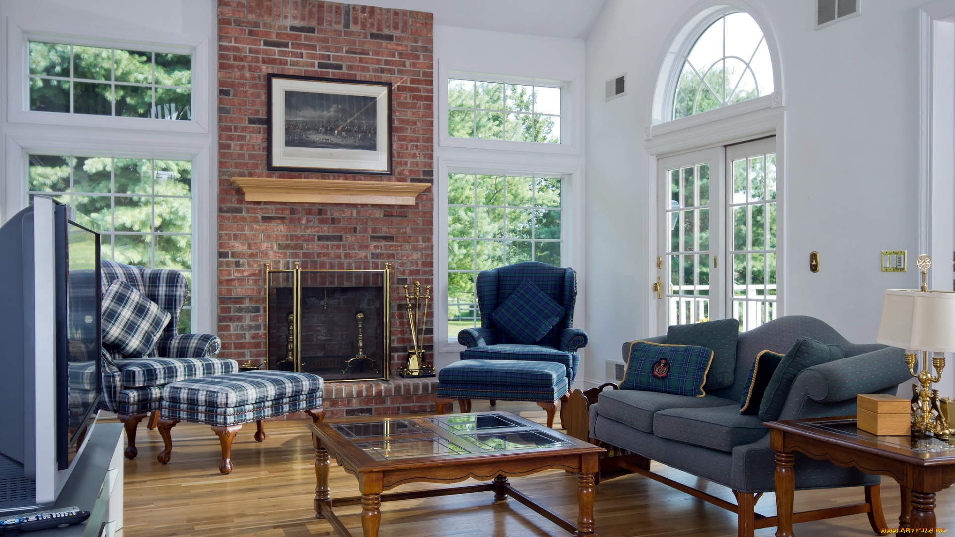 интерьер, гостиная, камин, картина, диваны