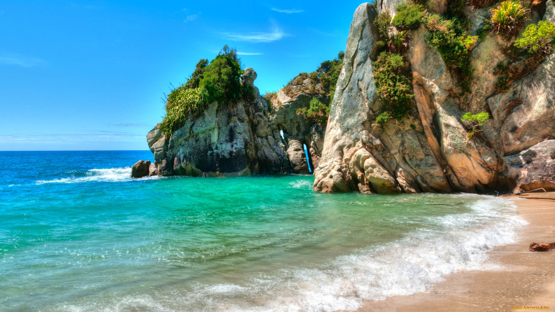 природа, побережье, новая, зеландия, берег, песок, скалы