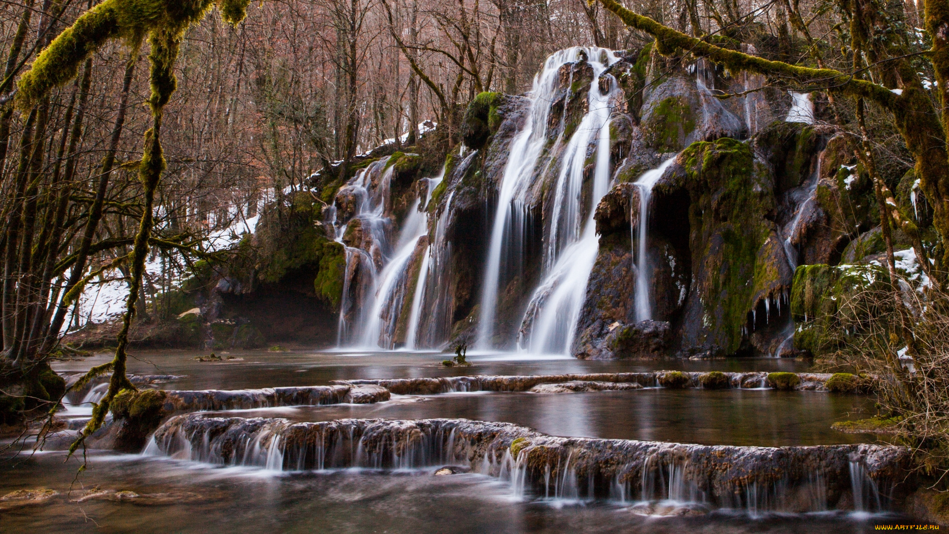 природа, водопады, лес, река, деревья, каскад