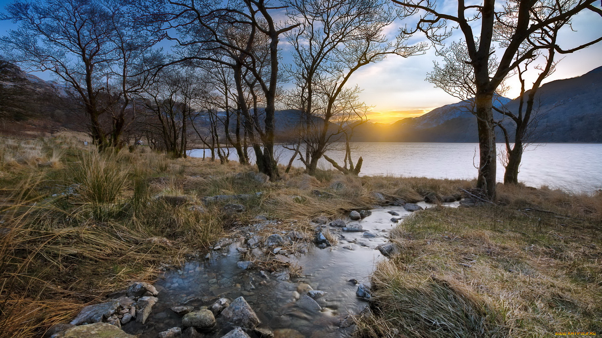 природа, восходы, закаты, деревья, закат, ручей, озеро