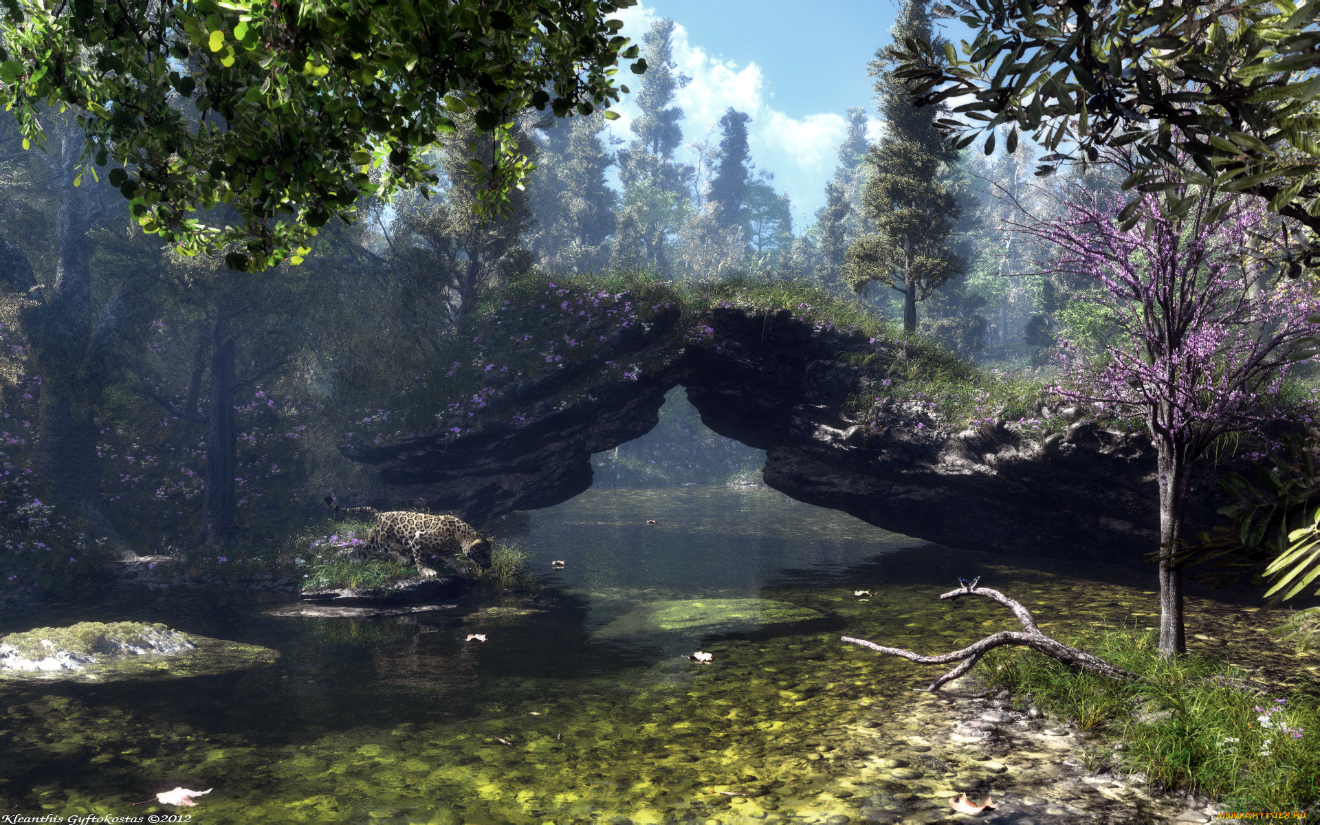 3д, графика, nature, landscape, природа, скала, деревья, леопард, река