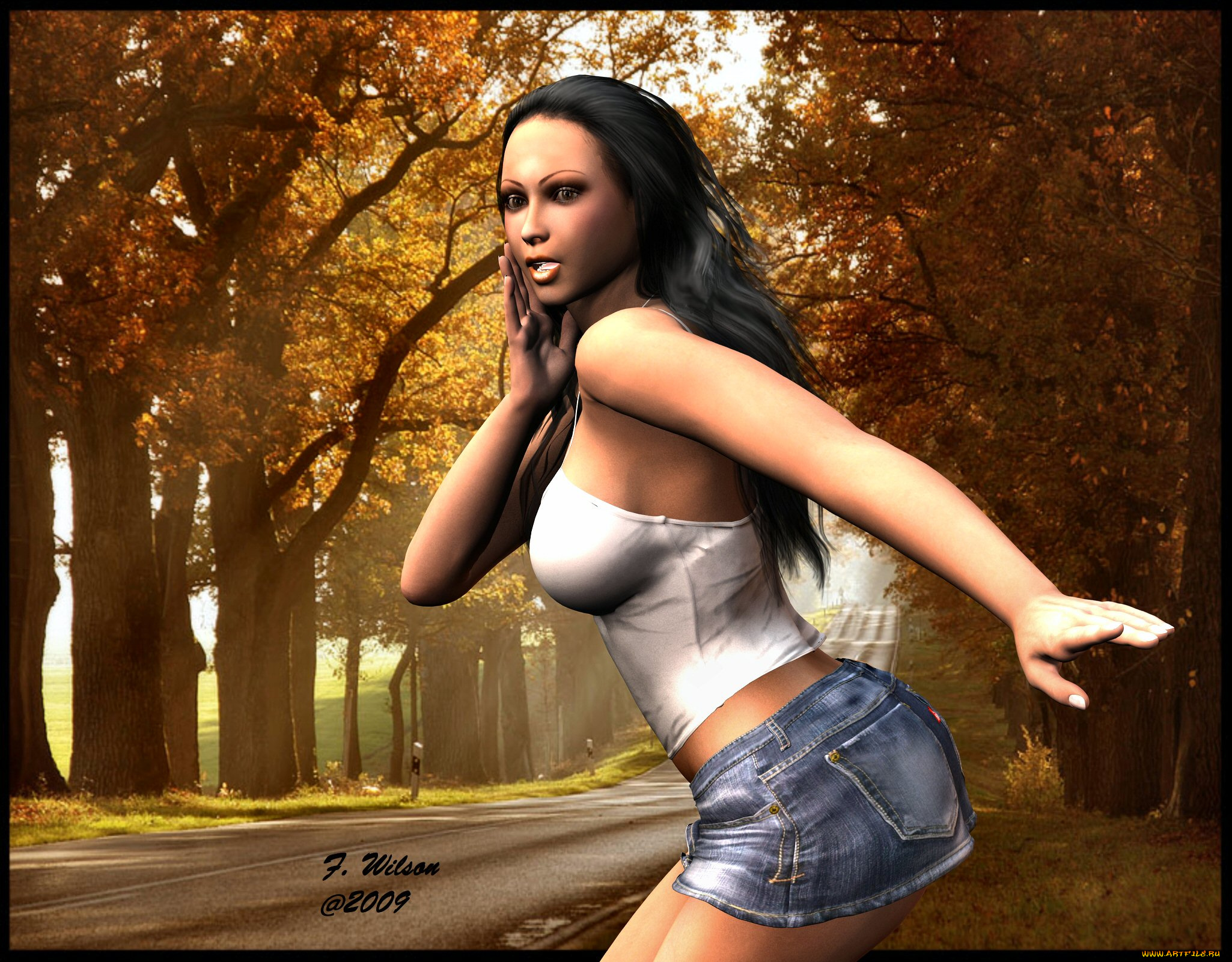 3д, графика, people, люди, девушка, дорога, лес