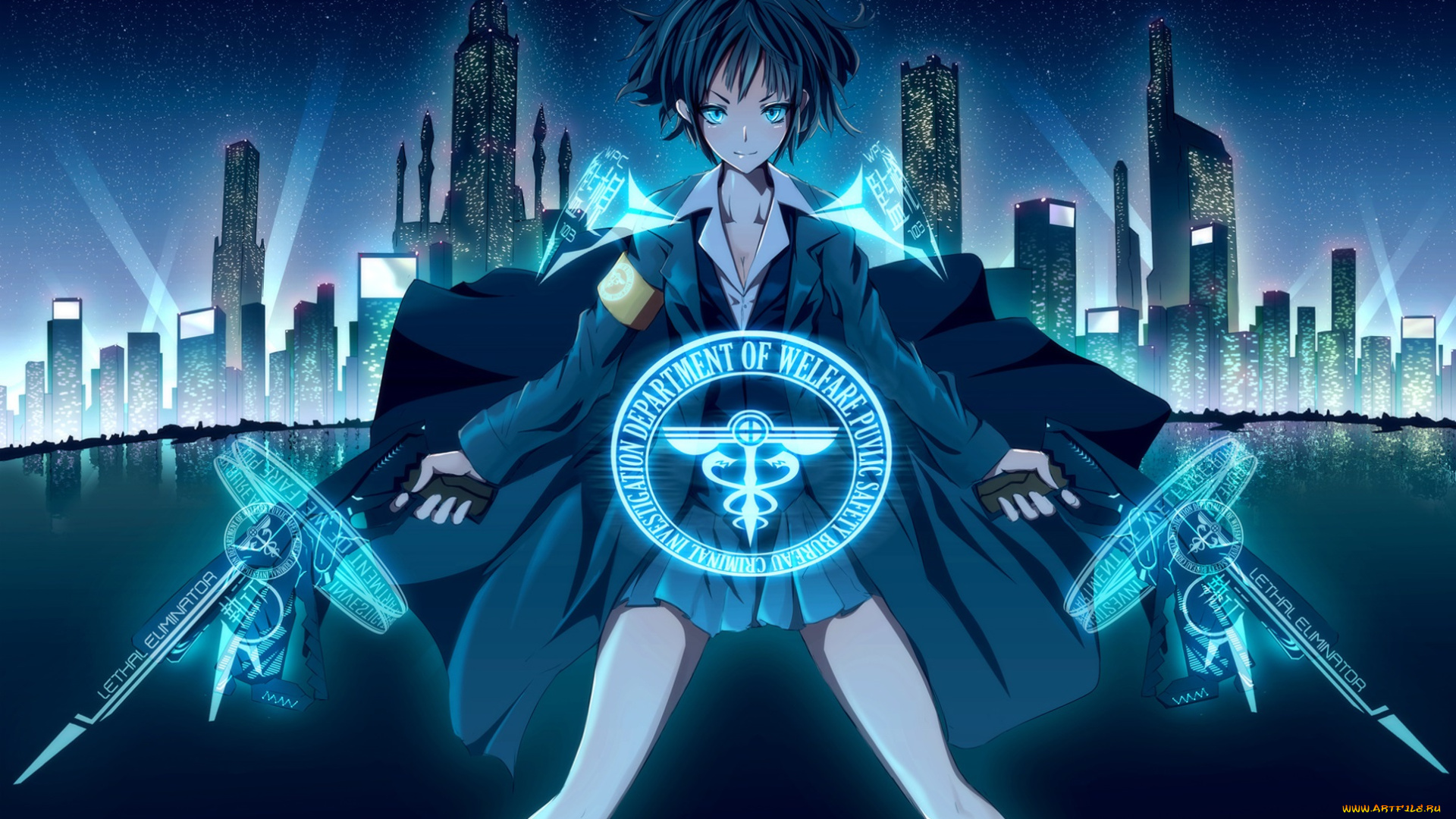 аниме, psycho-pass, пистолет, эмблема, город, плащ, детектив, юбка, девушка, akane, tsunemori