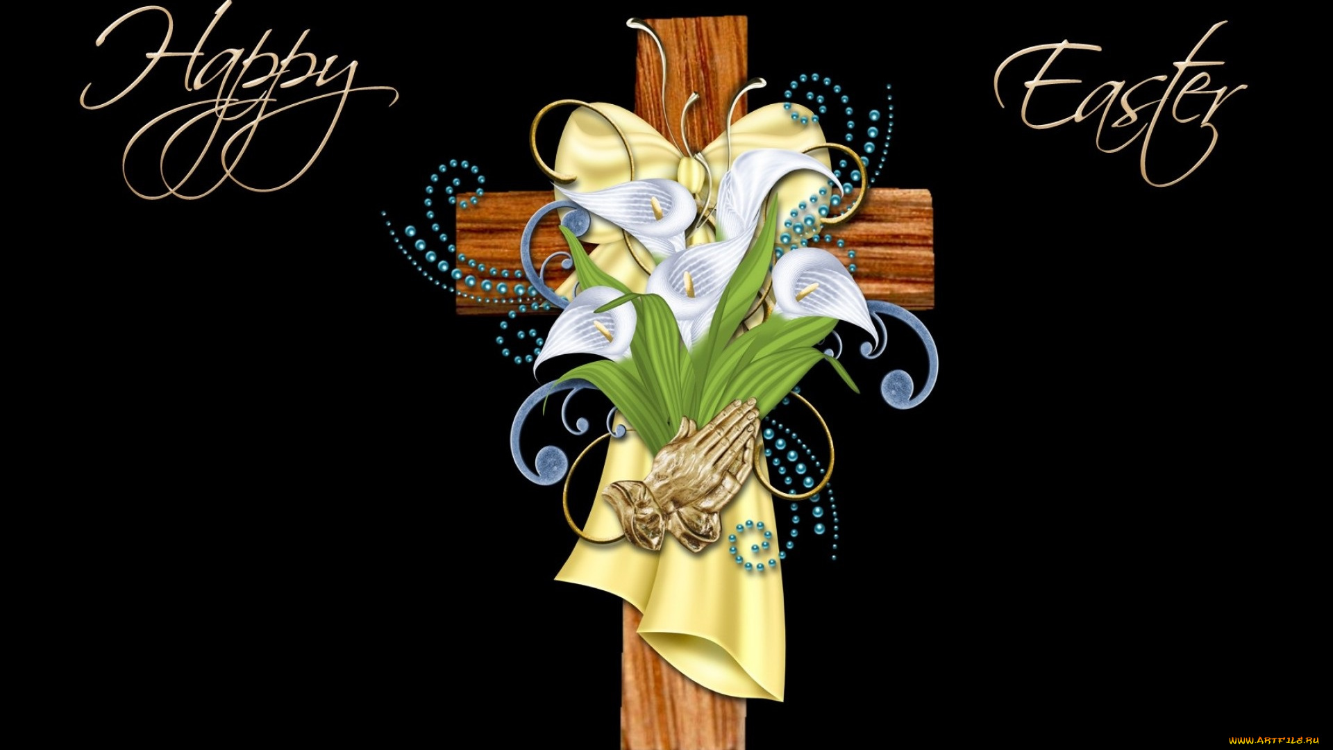 праздничные, пасха, крест, фон, цветы