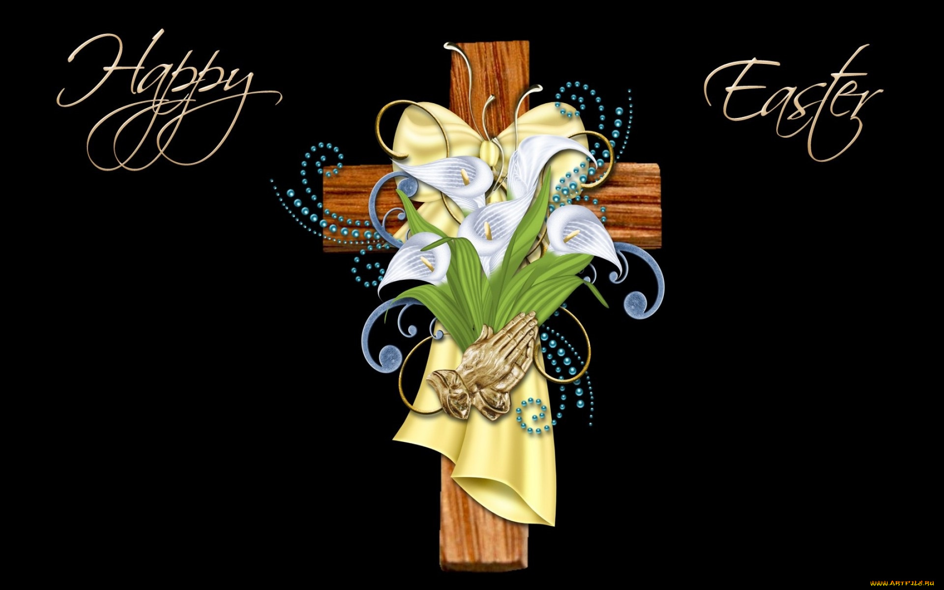 праздничные, пасха, крест, фон, цветы