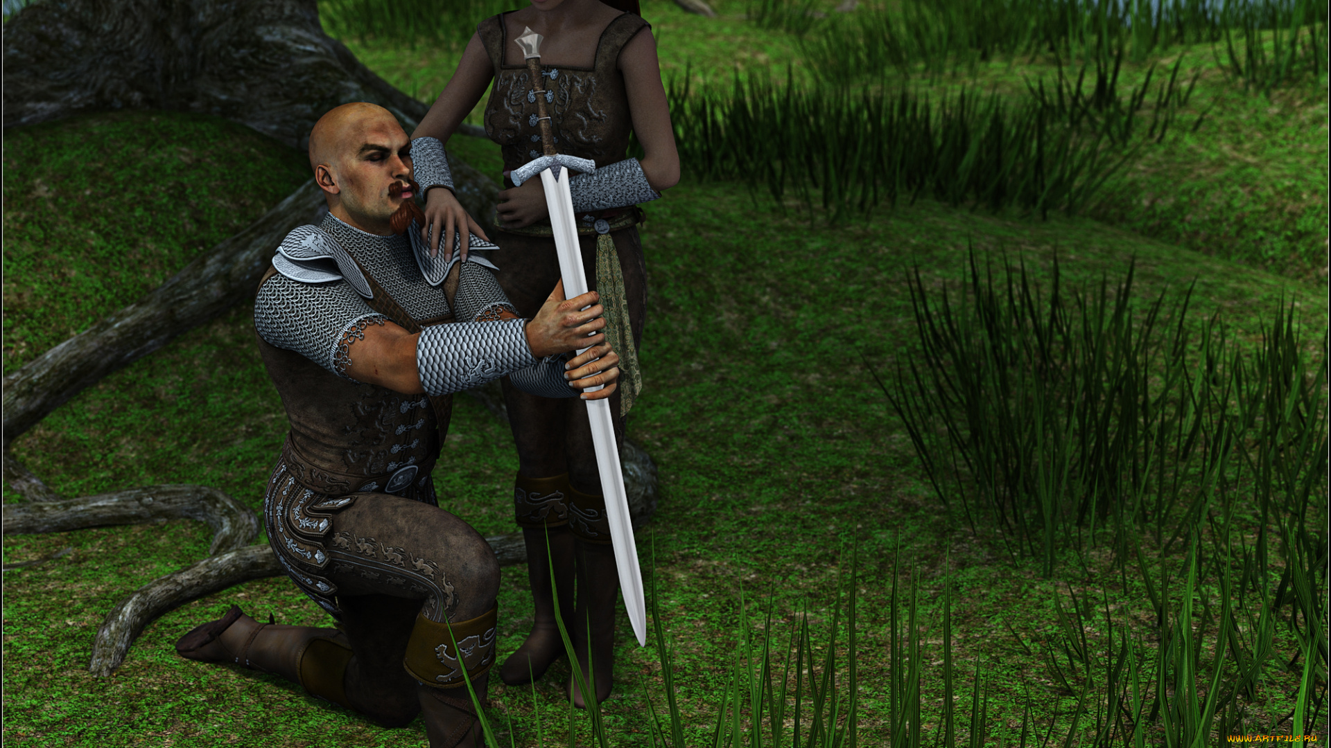 3д, графика, фантазия, , fantasy, девушка, меч, воин, фон, взгляд