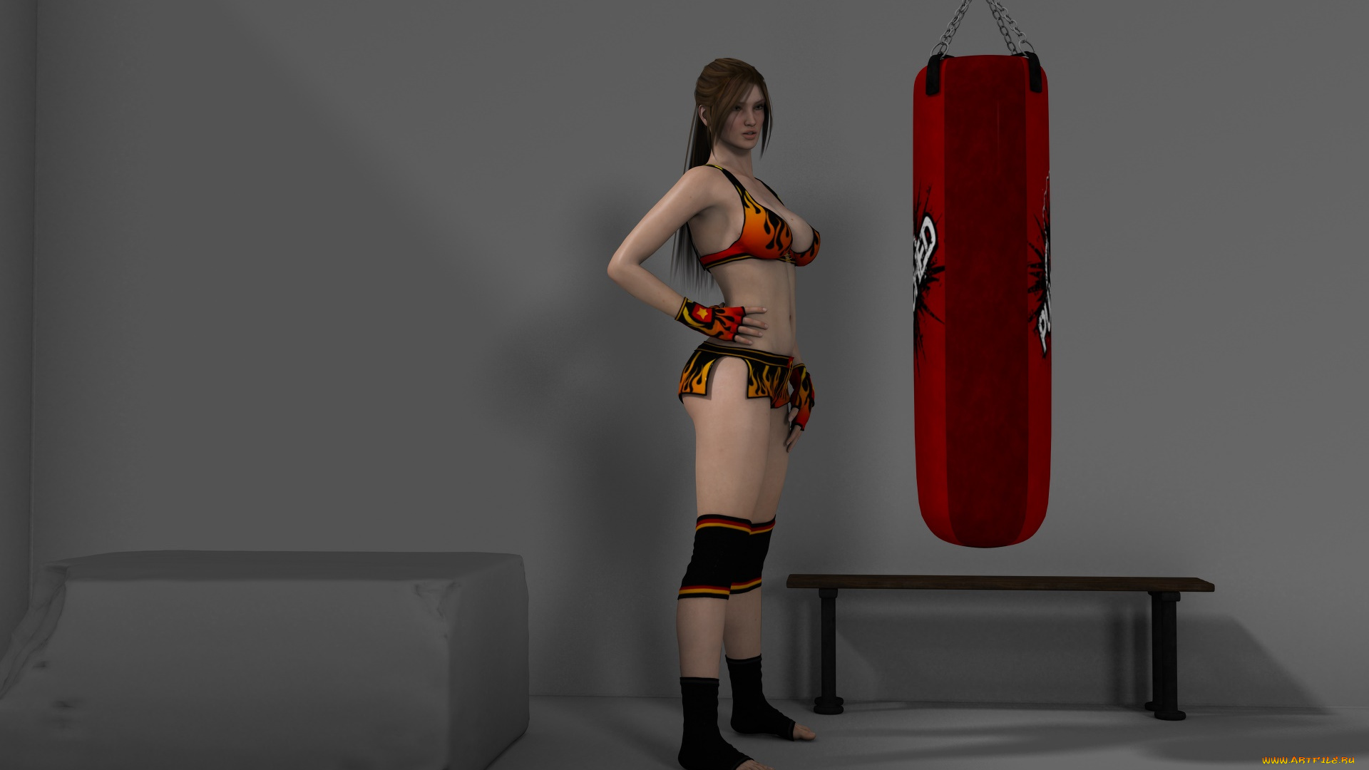 3д, графика, люди, , people, груша, тренировка, спортзал, фон, взгляд, девушка