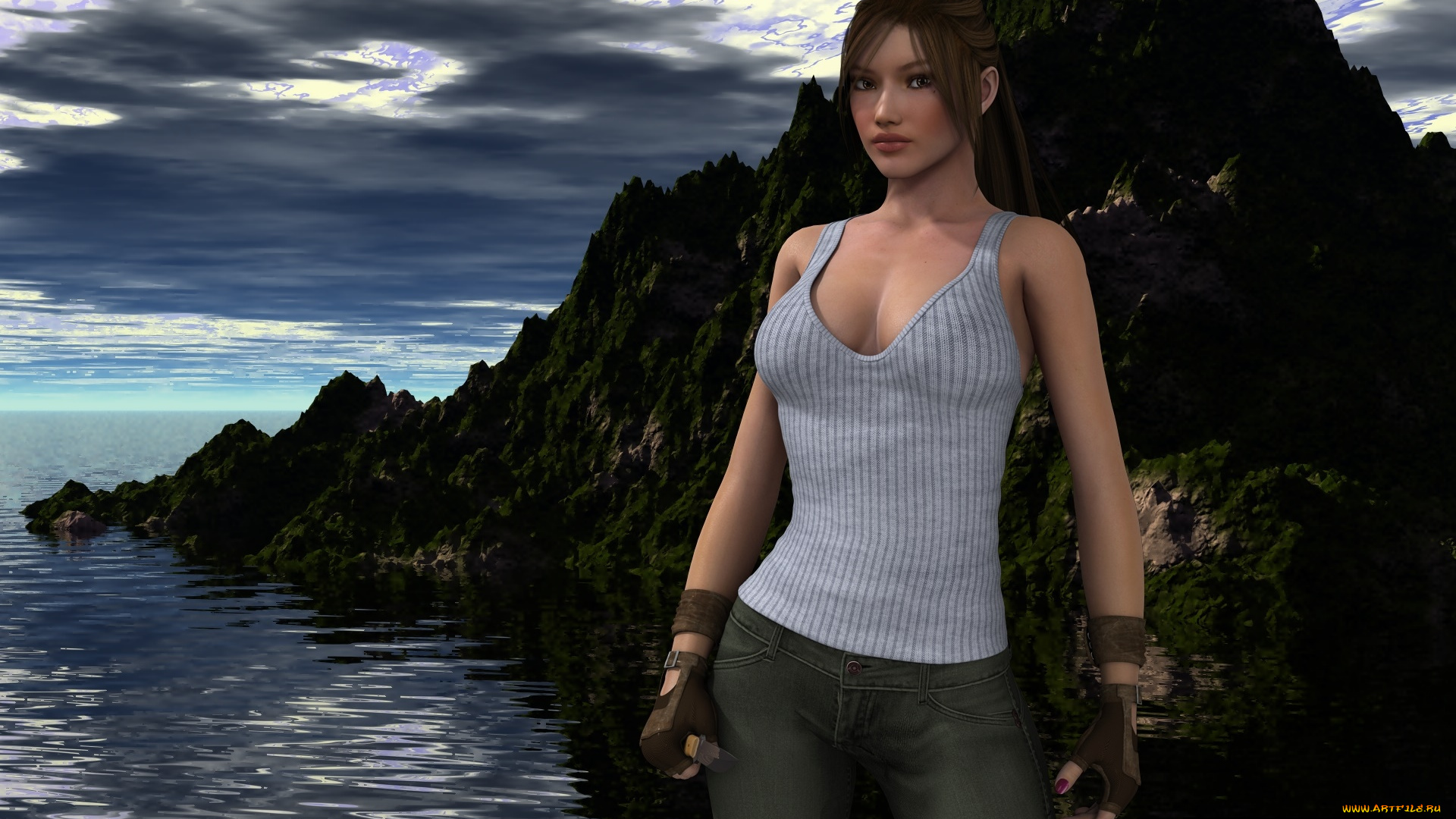 3д, графика, люди, , people, море, горы, взгляд, девушка, фон, небо