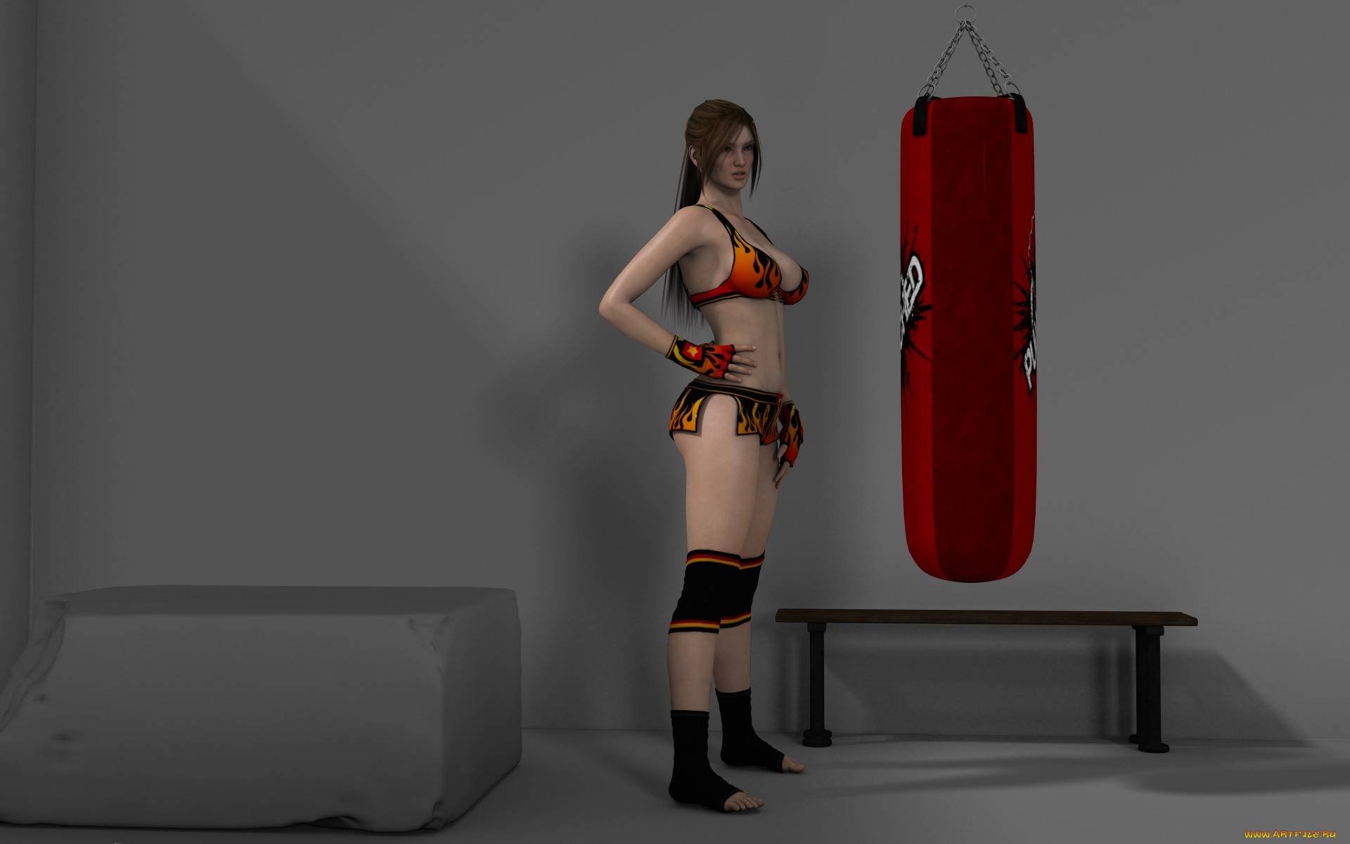 3д, графика, люди, , people, груша, тренировка, спортзал, фон, взгляд, девушка