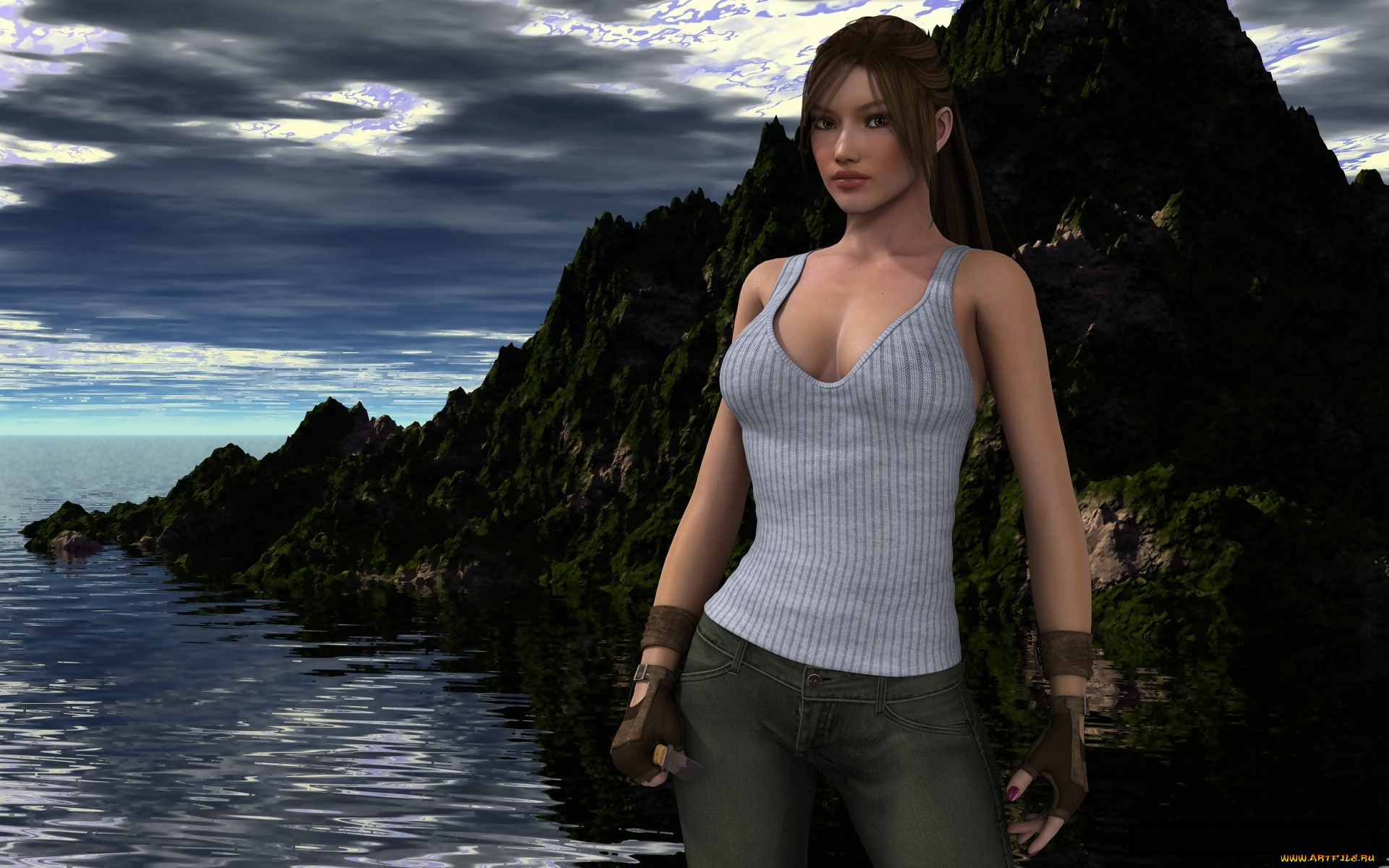 3д, графика, люди, , people, море, горы, взгляд, девушка, фон, небо