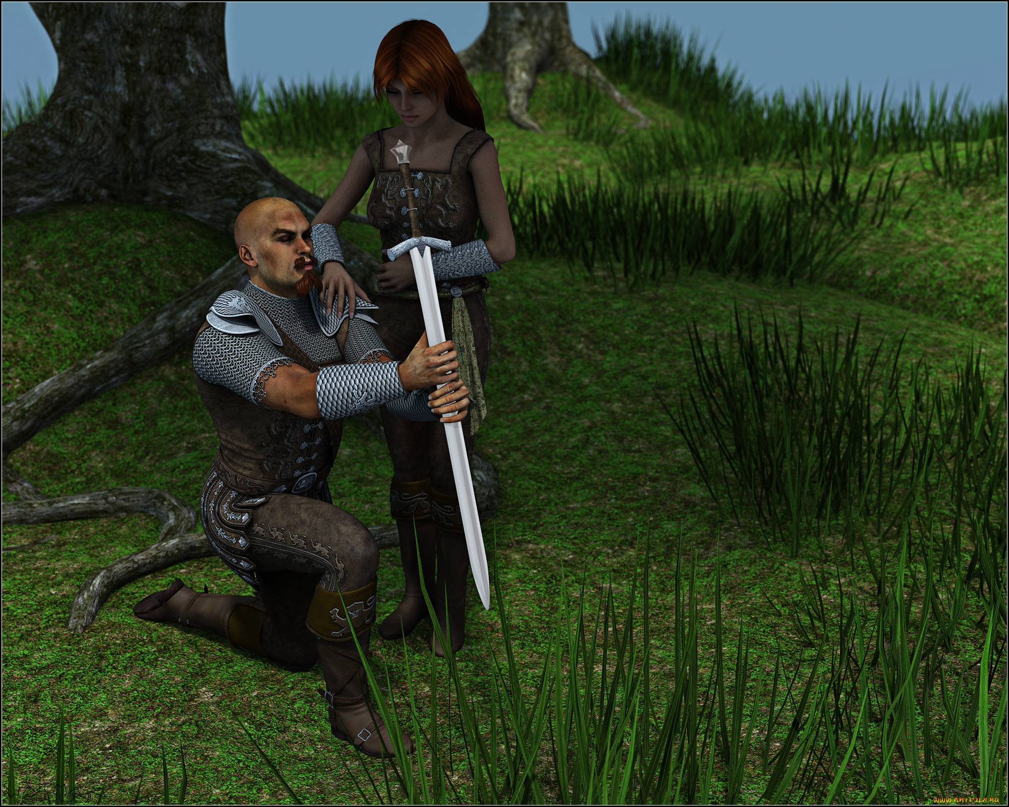 3д, графика, фантазия, , fantasy, девушка, меч, воин, фон, взгляд