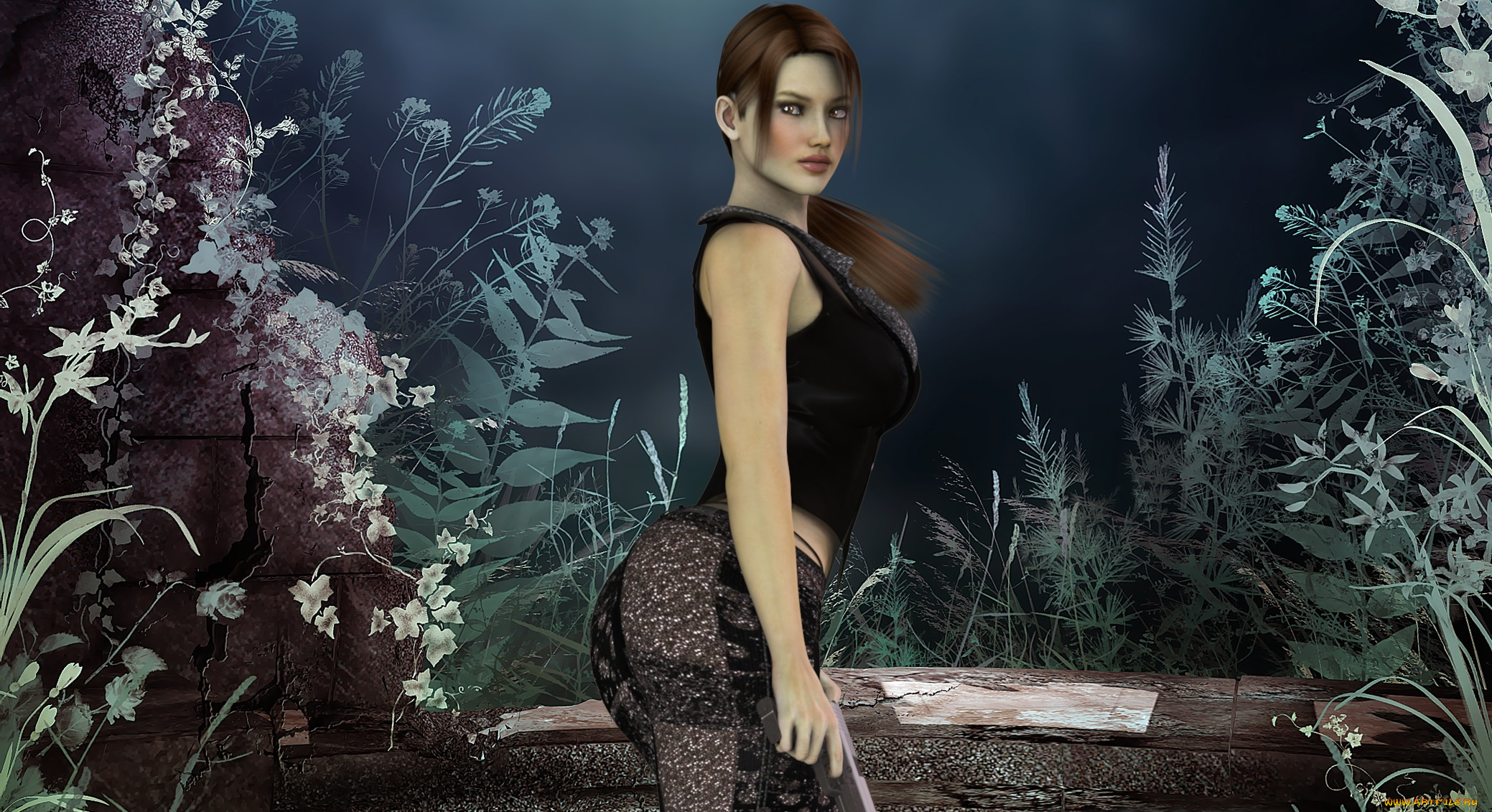 3д, графика, люди, , people, фон, взгляд, оружие, девушка