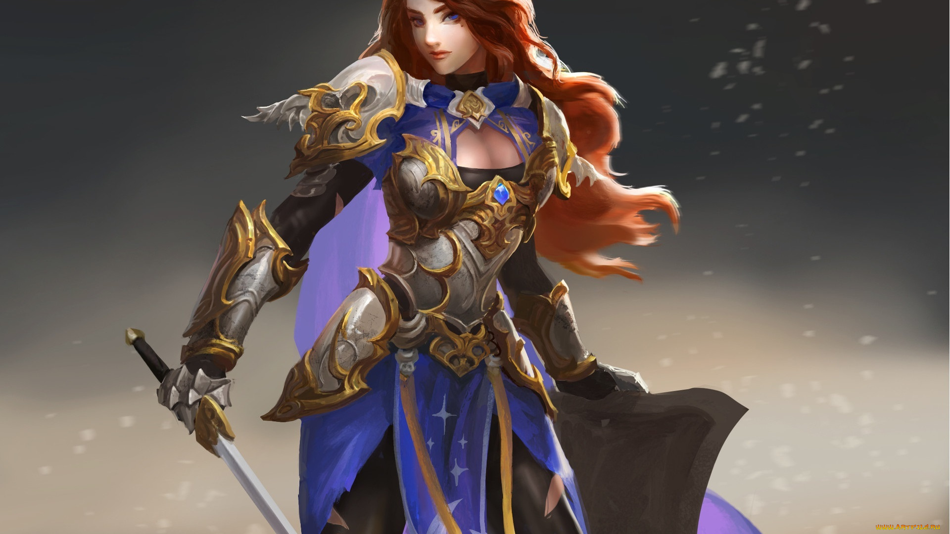 фэнтези, девушки, арт, девушка, красные, волосы, воин, доспехи, щит, меч